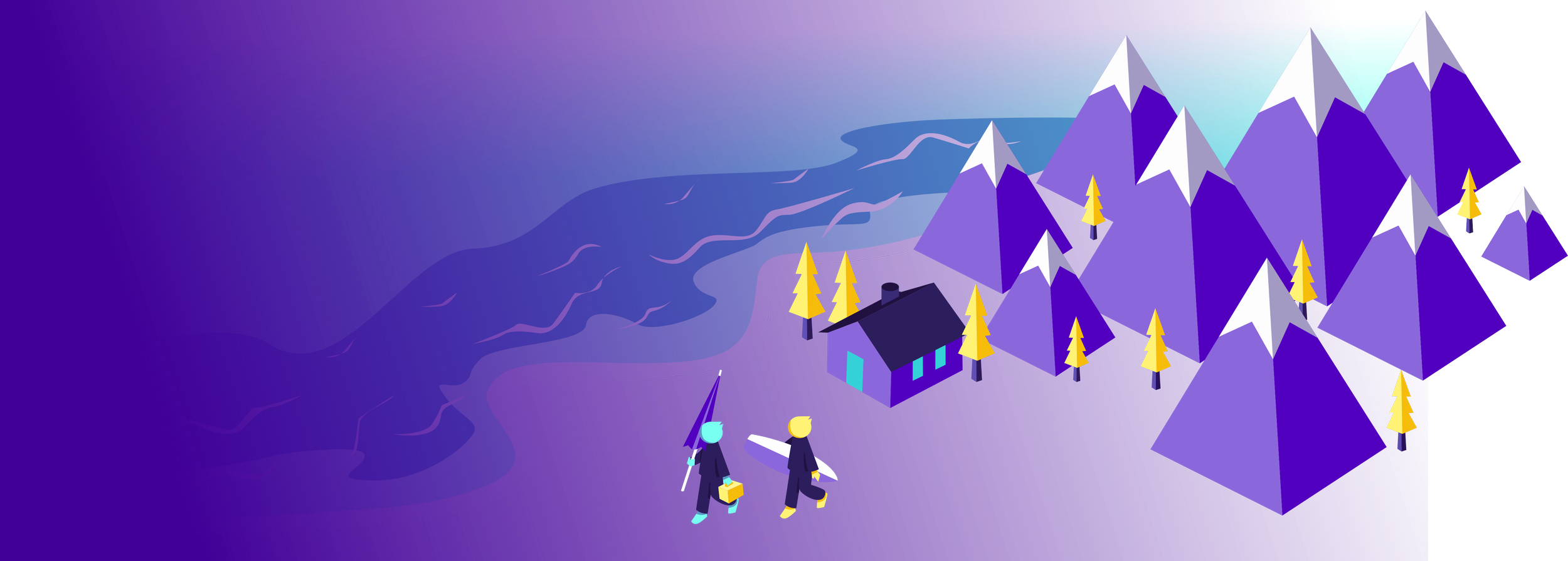 Panorama from mountain retreat to beach scene with two figures, one surfing and one holding fishing rods.