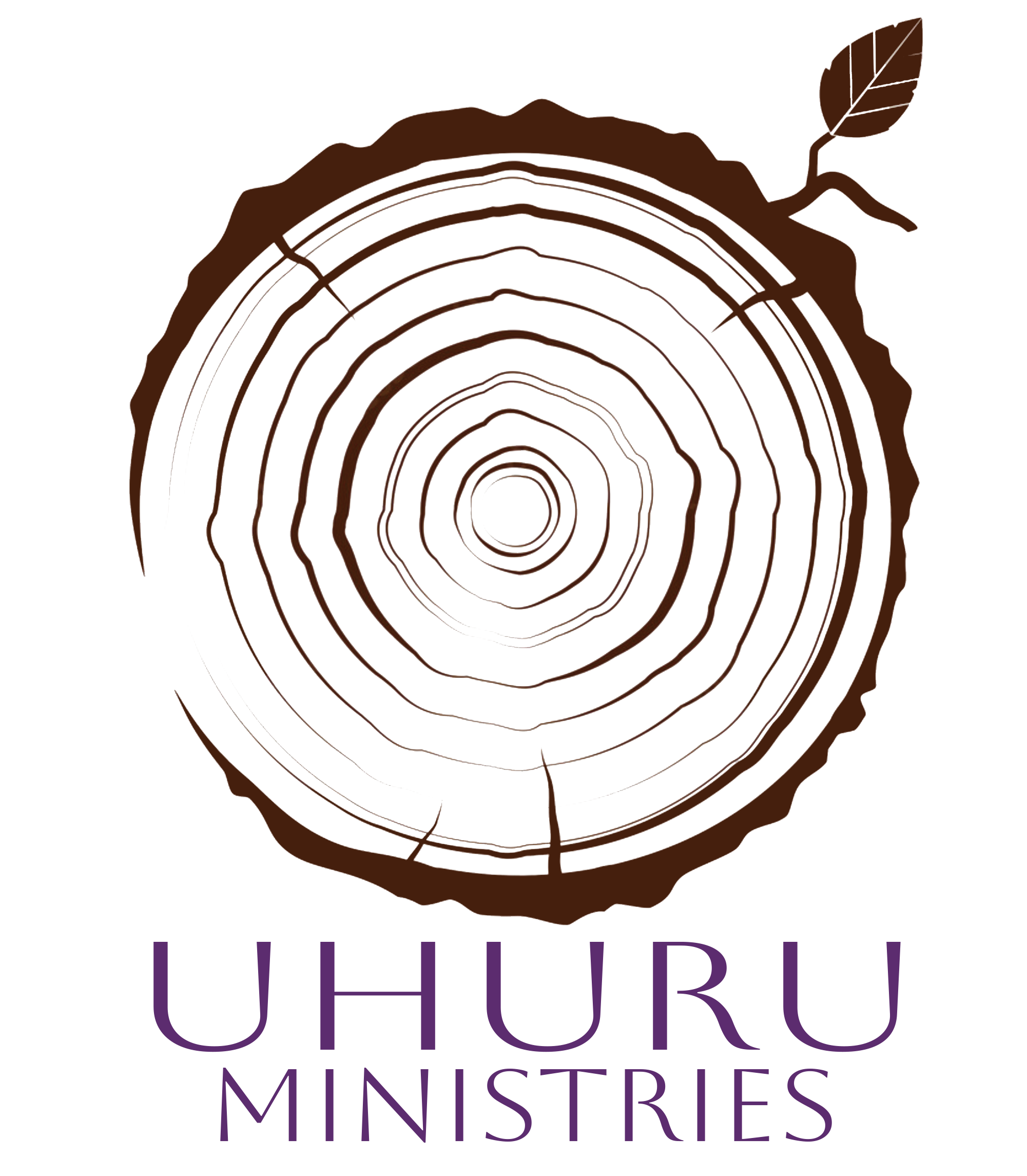 Logo featuring a cross-section of a tree trunk with rings and small leaves, with the text 'Uhuru Ministries' underneath.