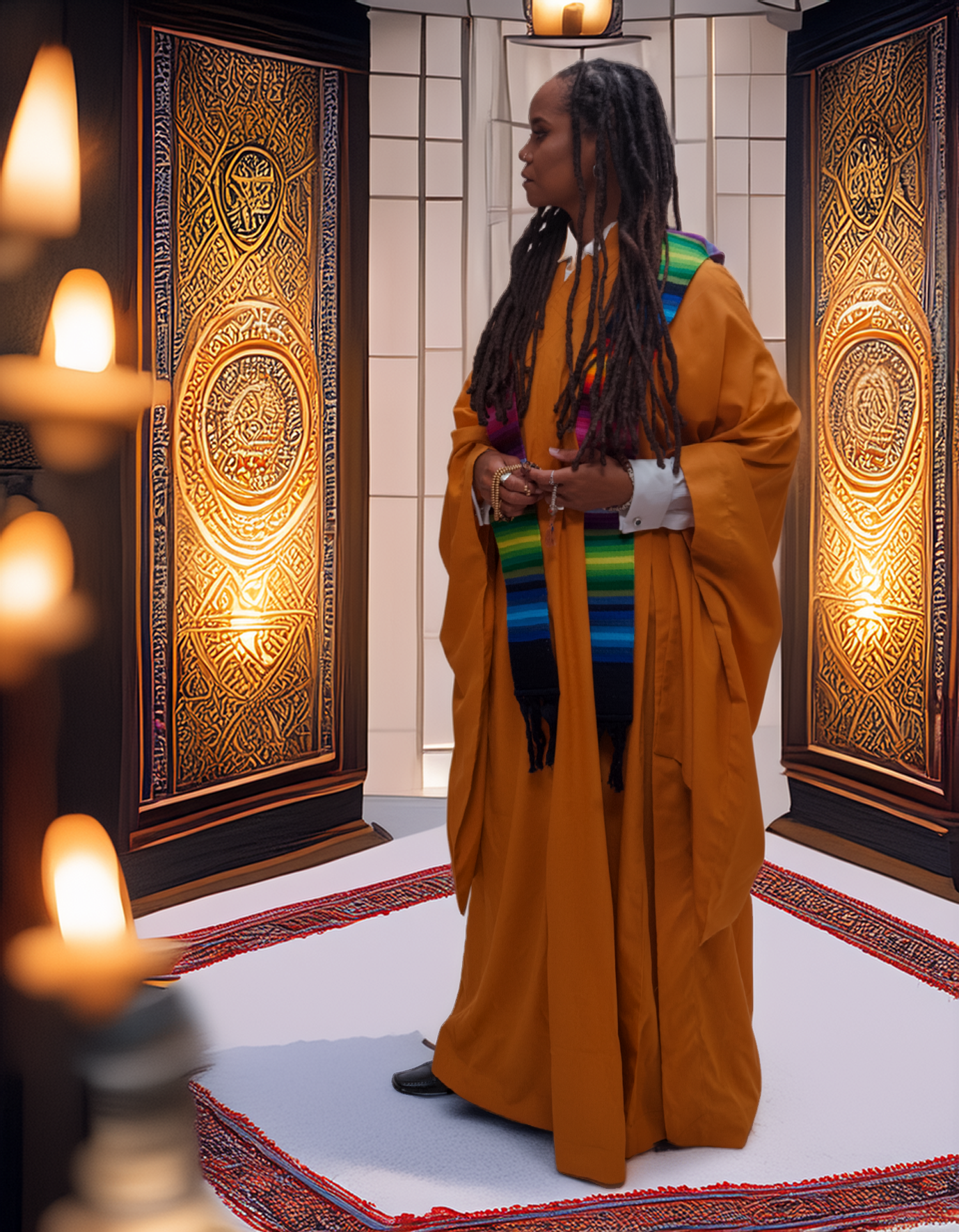 A woman dressed in a yellow robe and a colorful sash stands in front of decorative, gold-colored panels with intricate patterns, inside a room with white tiled walls and a red and blue patterned rug.