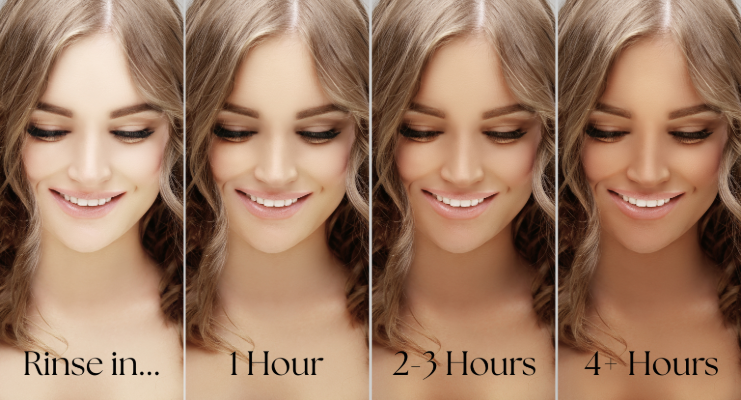 Sequential images of a young woman demonstrating the effects of different hair wash durations, labeled as rinse in, 1 hour, 2-3 hours, and 4+ hours, showing her smiling in each photo.