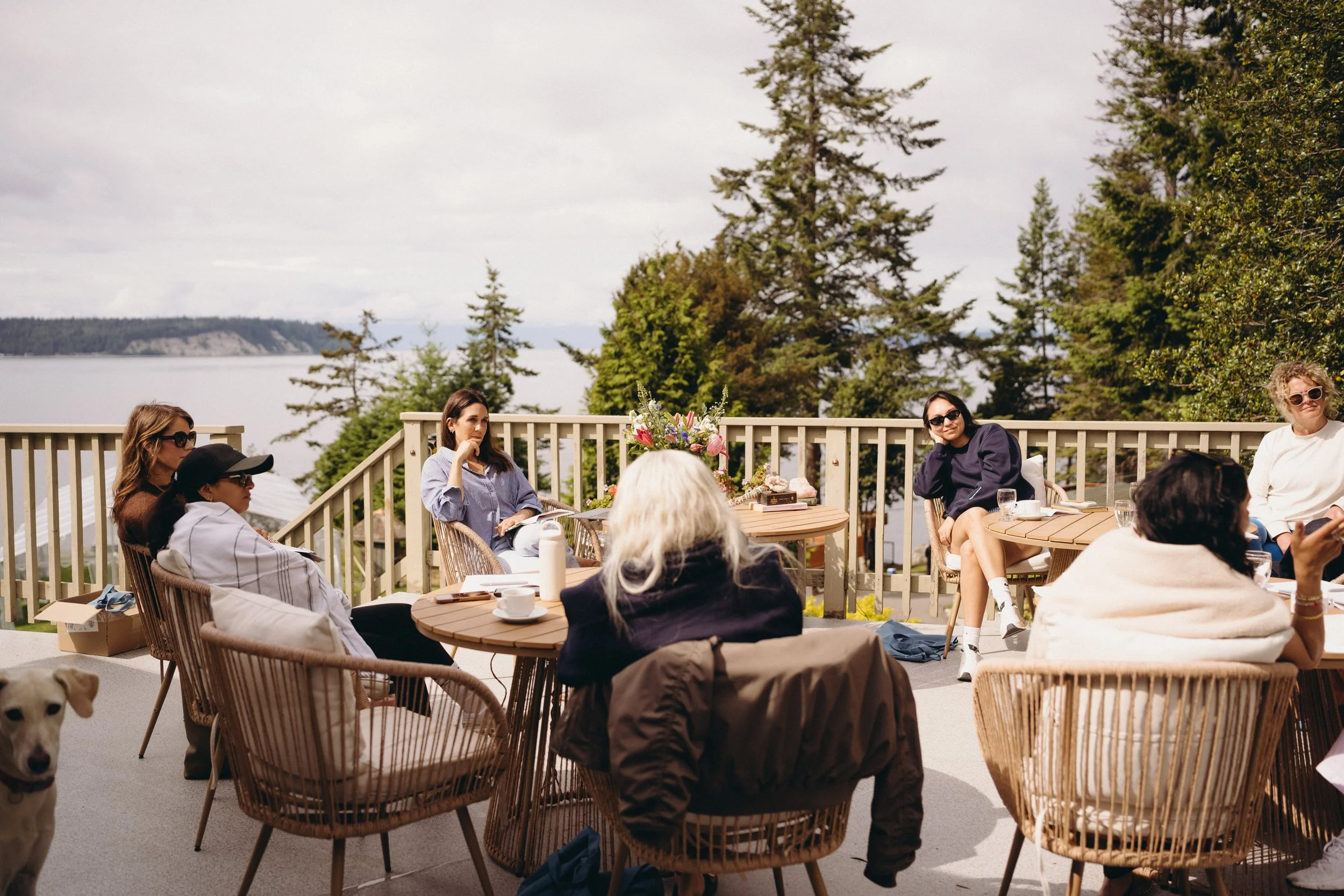 A group of women sitting around a table outdoors on a deck, with a landscape of trees, water, and a distant shoreline in the background. Some women have sunglasses, and there is a flower arrangement and notebooks on the table. A dog is partially visi