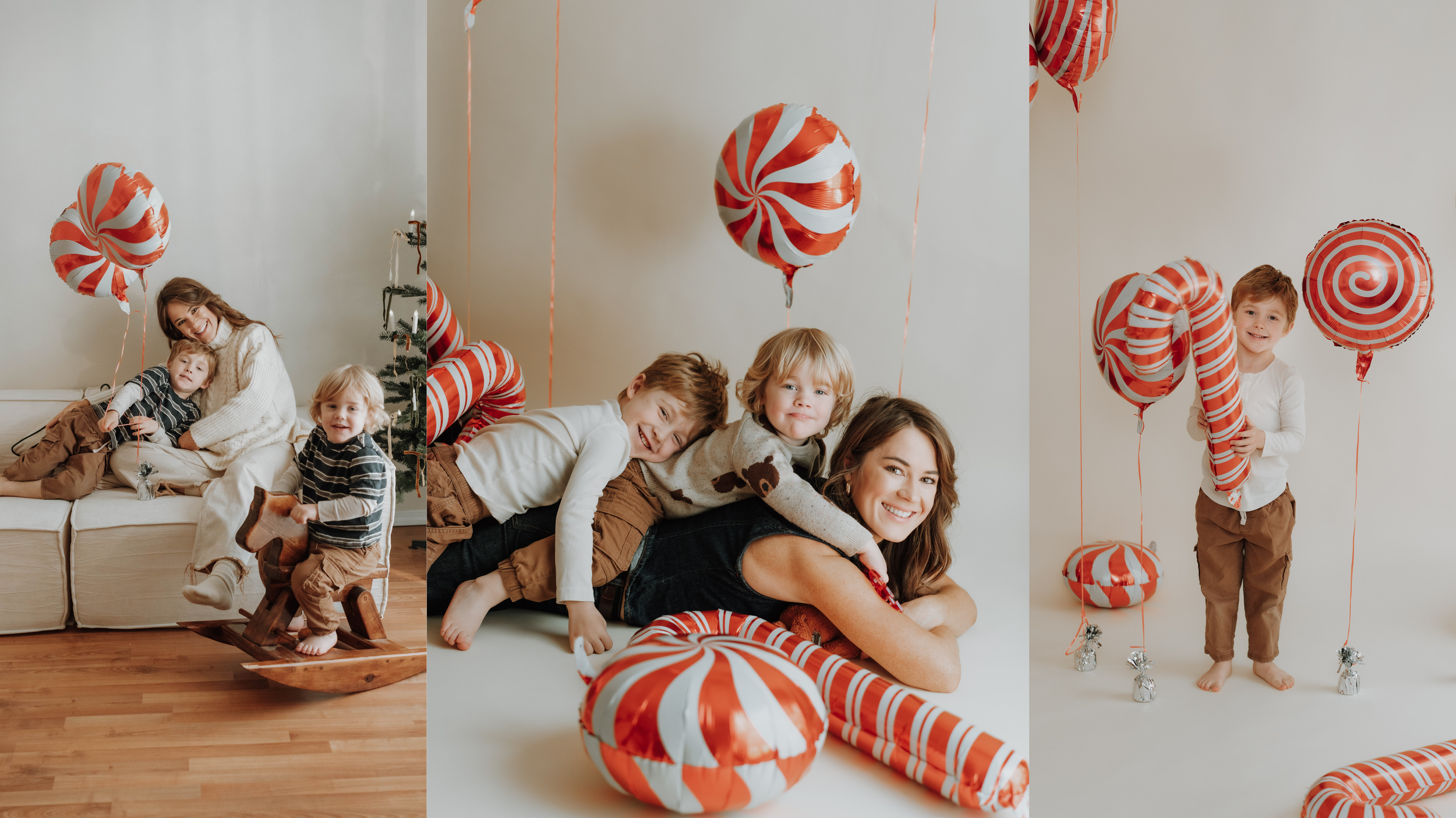 Family of five celebrating Christmas indoors with balloons, a small decorated tree, and smiling faces. The children are sitting on a rocking horse and lying on a couch.