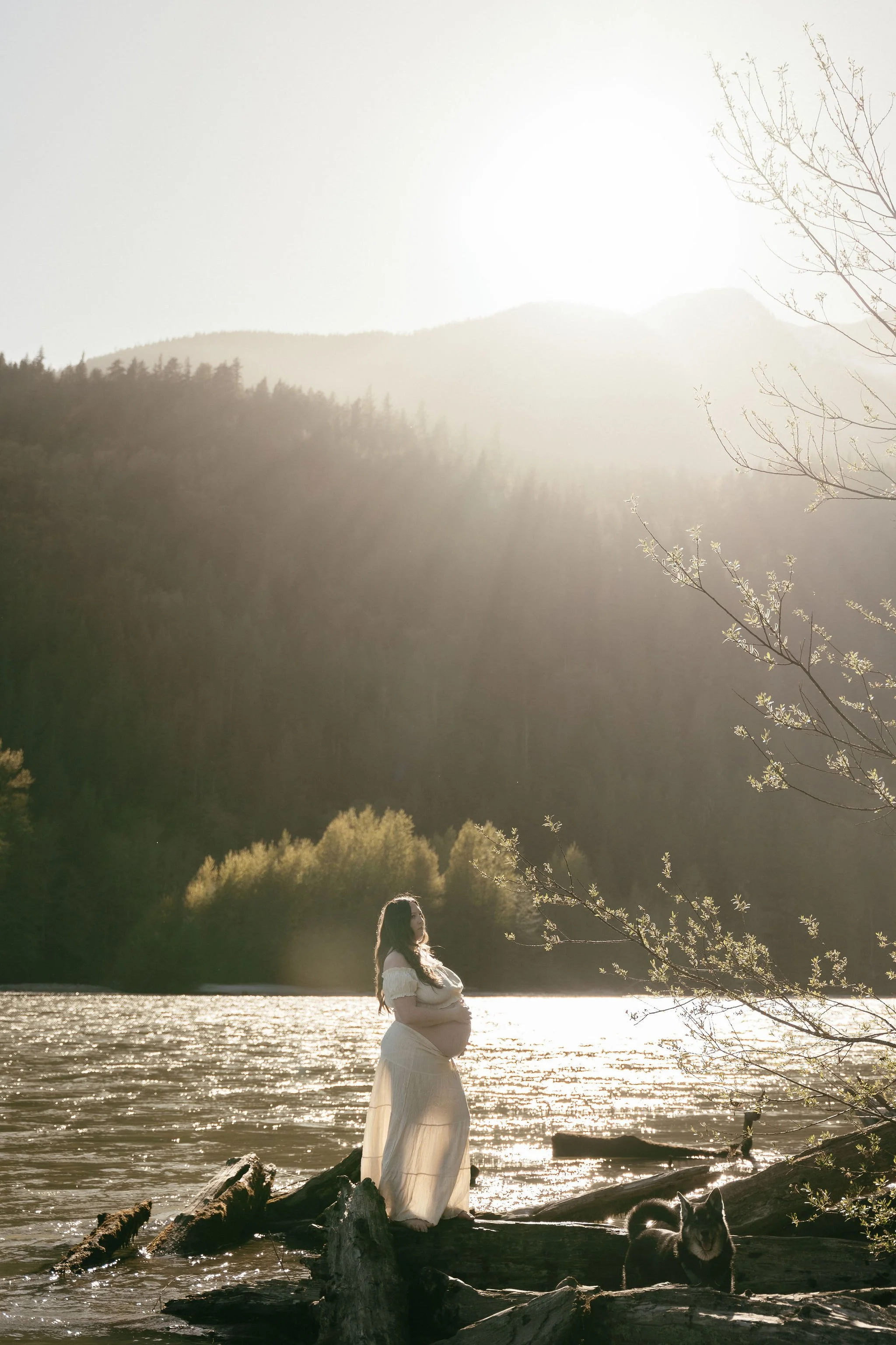A pregnant woman in a flowing white dress standing on a rock by a river with a dog nearby, mountains in the background, and the sun shining brightly.