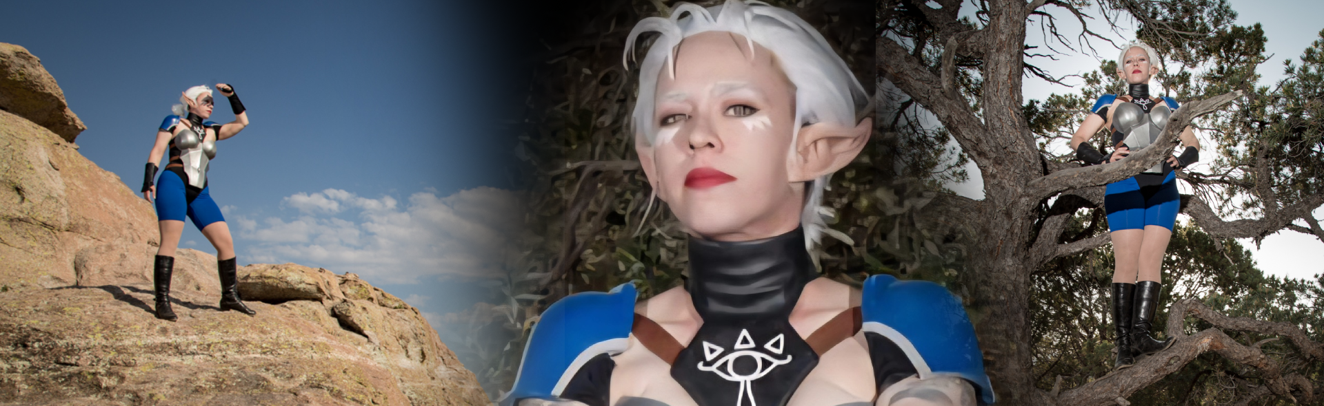 3 pictures of an Impa cosplayer in blue shorts, tall black boots, and silver bustier style armor. Her white hair is in a short ponytail and she has pointy elf ears. In one picture she stands on a cliff and in another on a tree branch