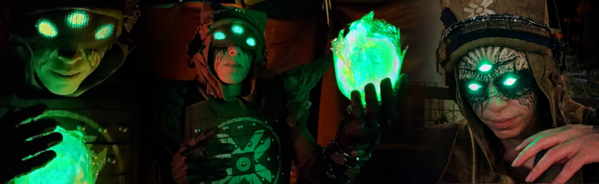 3 picture of Eris Morn Cosplayer. She is pale with a veil over 3 green glowing eyes that stream black tears. She holds a glowing green orb. In one picture the veil is gone revealing monstrous scarred features around her 3 eyes