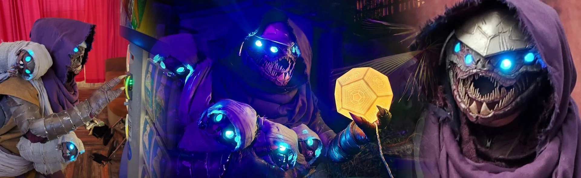 3 pictures of a cosplay of a buglike alien. It has 4 glowing blue eyes, 2 rows of needle teeth, and 2 claws on each hand. It wears a purple hood and caries 4 babies in a gray sling. Babies are bundled up with their faces showing, also with 4 eyes