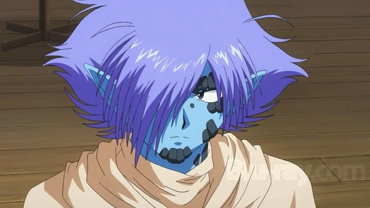 Zelgadis, male anime character with a serious expression. His lilac hair covers his right eye. His skin is light blue and has gray rocks growing out of his chin, jawline, and around his eyes. He has pointy elf ears and a loosely draped light tan cape