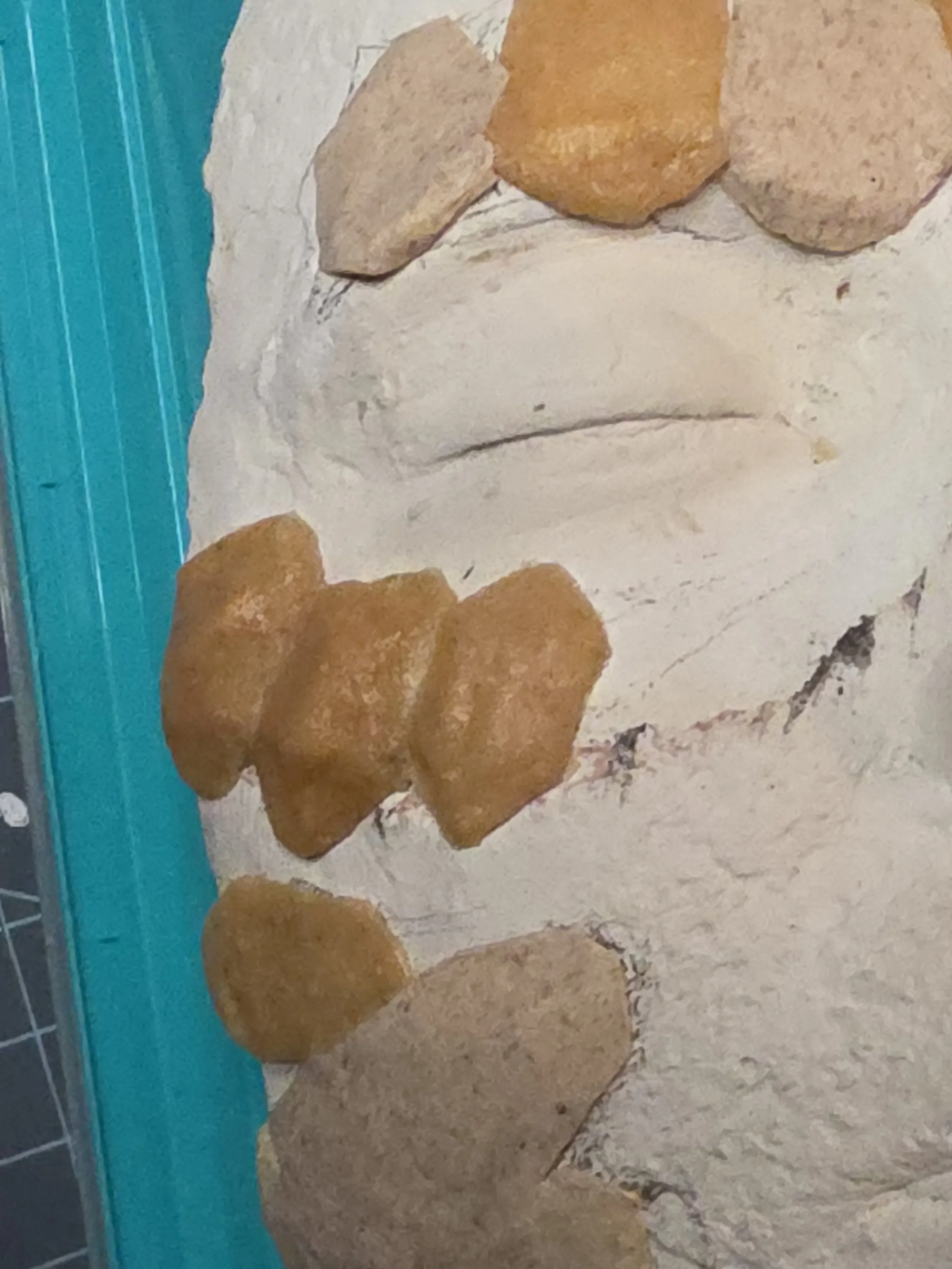plaster face cast with rocklike scales made of tan worbla, placed over the eyebrows, cheekbones, and jawline