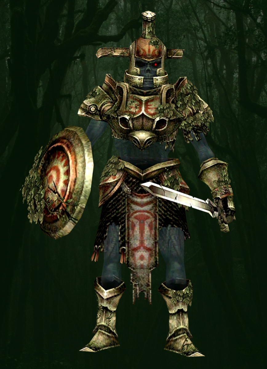 The Hero's Shade from Legend of Zelda Twilight Princess. A warrior with a gray spectral body and weathered bronze armor covered in vines and moss. His face is a shadowy skull with a glowing red left eye. His sword, though cracked, shines brightly