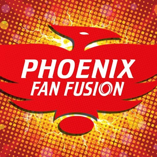 phoenix fan fusion logo, a red phoenix bird with outstretched wings on an orange background shaded with comic book style ben day dots. it says "Phoenix Fan Fusion" in white on the body of the phoenix