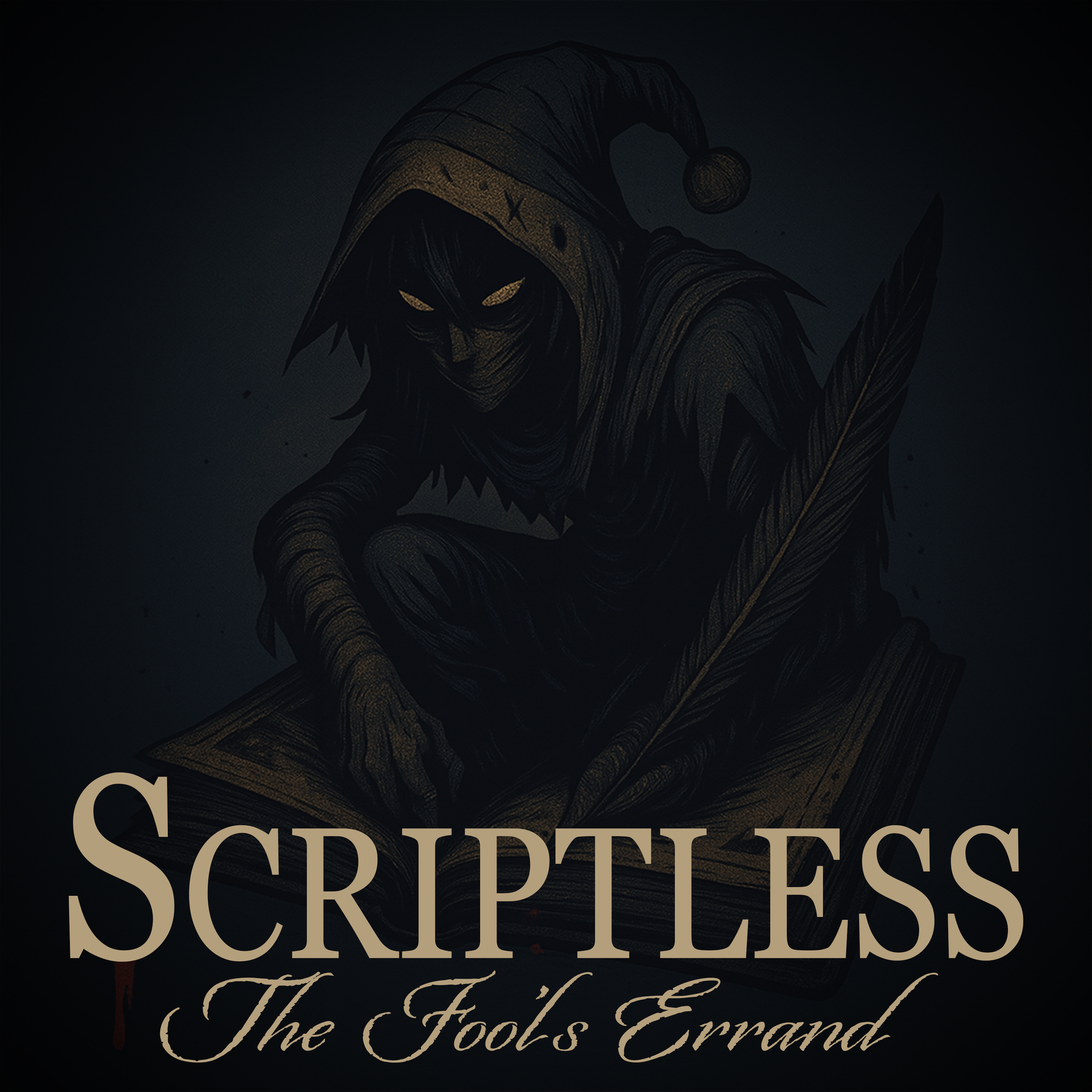 Dark illustration of a mysterious figure with glowing eyes, wearing a hooded cloak and a jester hat, crouching on an open book with a quill in hand. The text reads "SCRIPLESS The Fool's Errand".