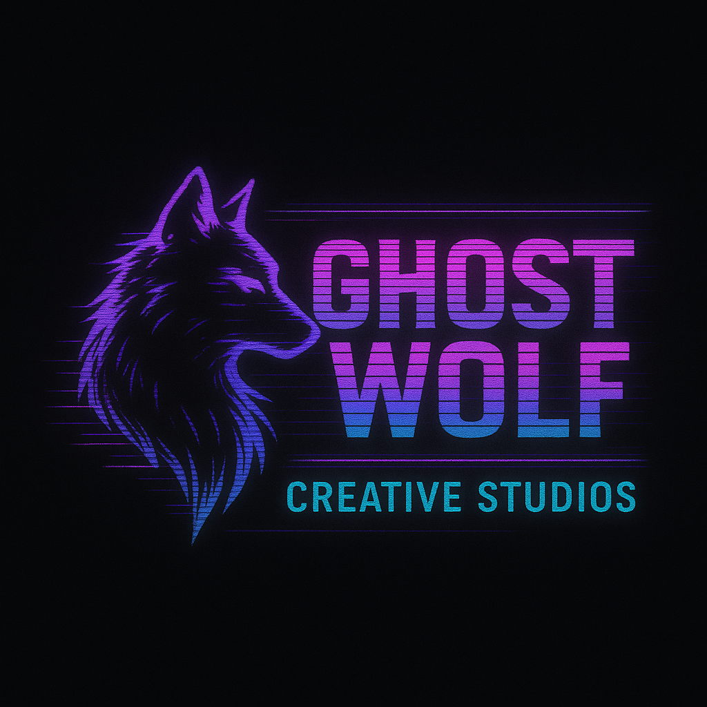 Neon sign featuring a purple and blue wolf head outline with the words "GHOST WOLF CREATIVE STUDIOS" in purple, blue, and pink lettering.