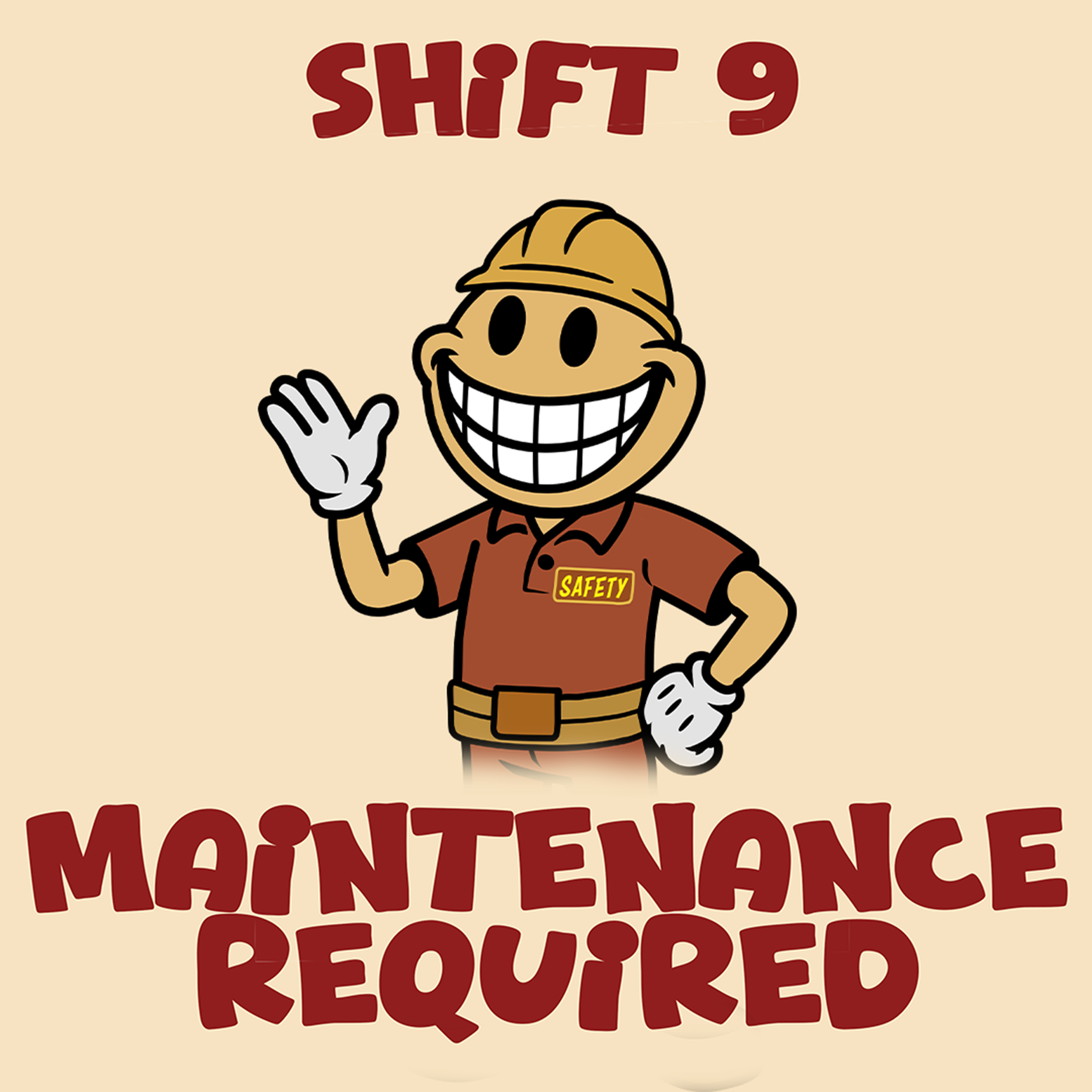 Cartoon character wearing a safety vest and helmet, smiling and waving with the words 'Shift 9' and 'Safety' visible.