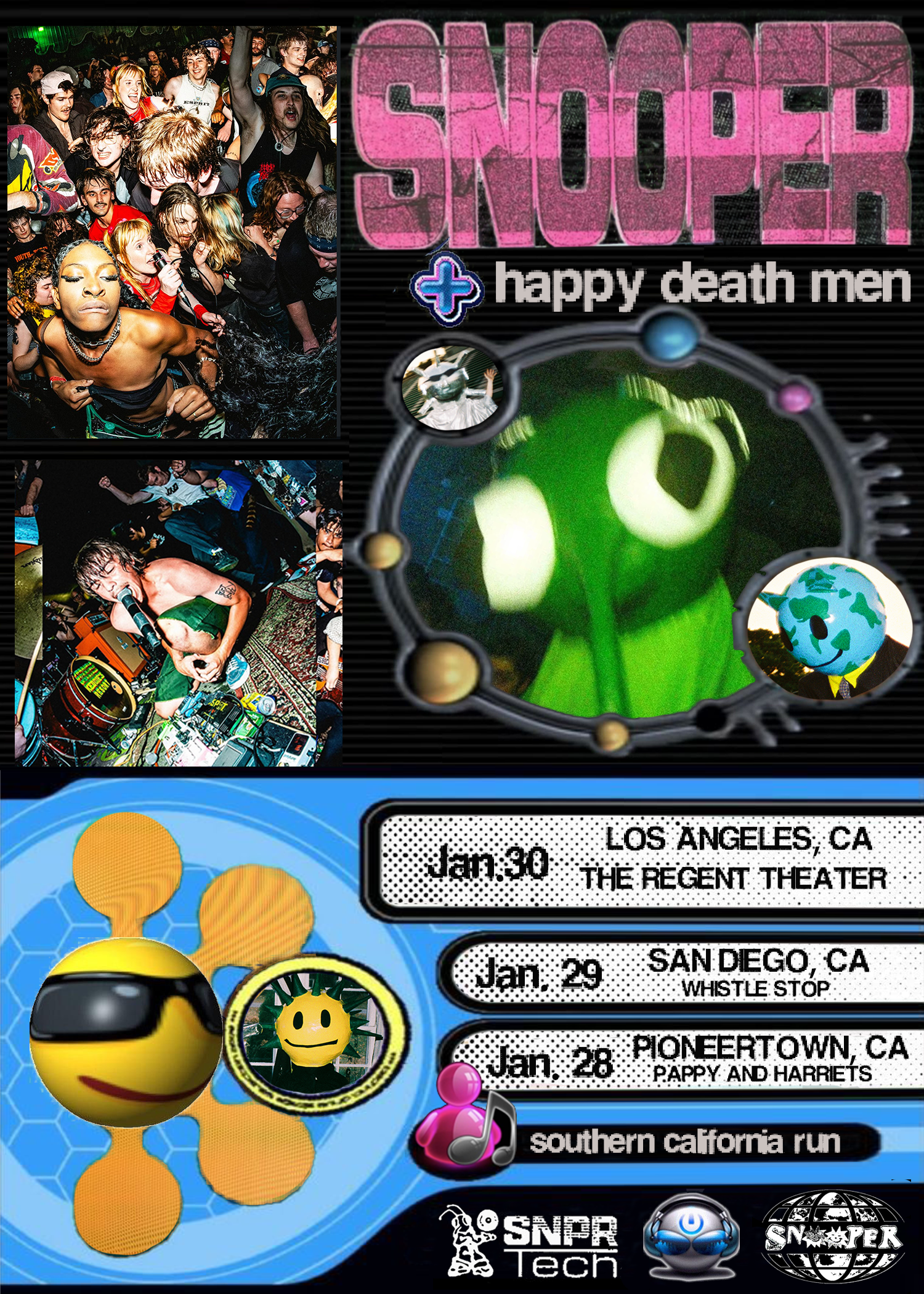 A poster for Snoopers, a music event with dates in January in Los Angeles, San Diego, and Pioneertown, featuring playful graphics, emojis, and photos of performers at concerts.