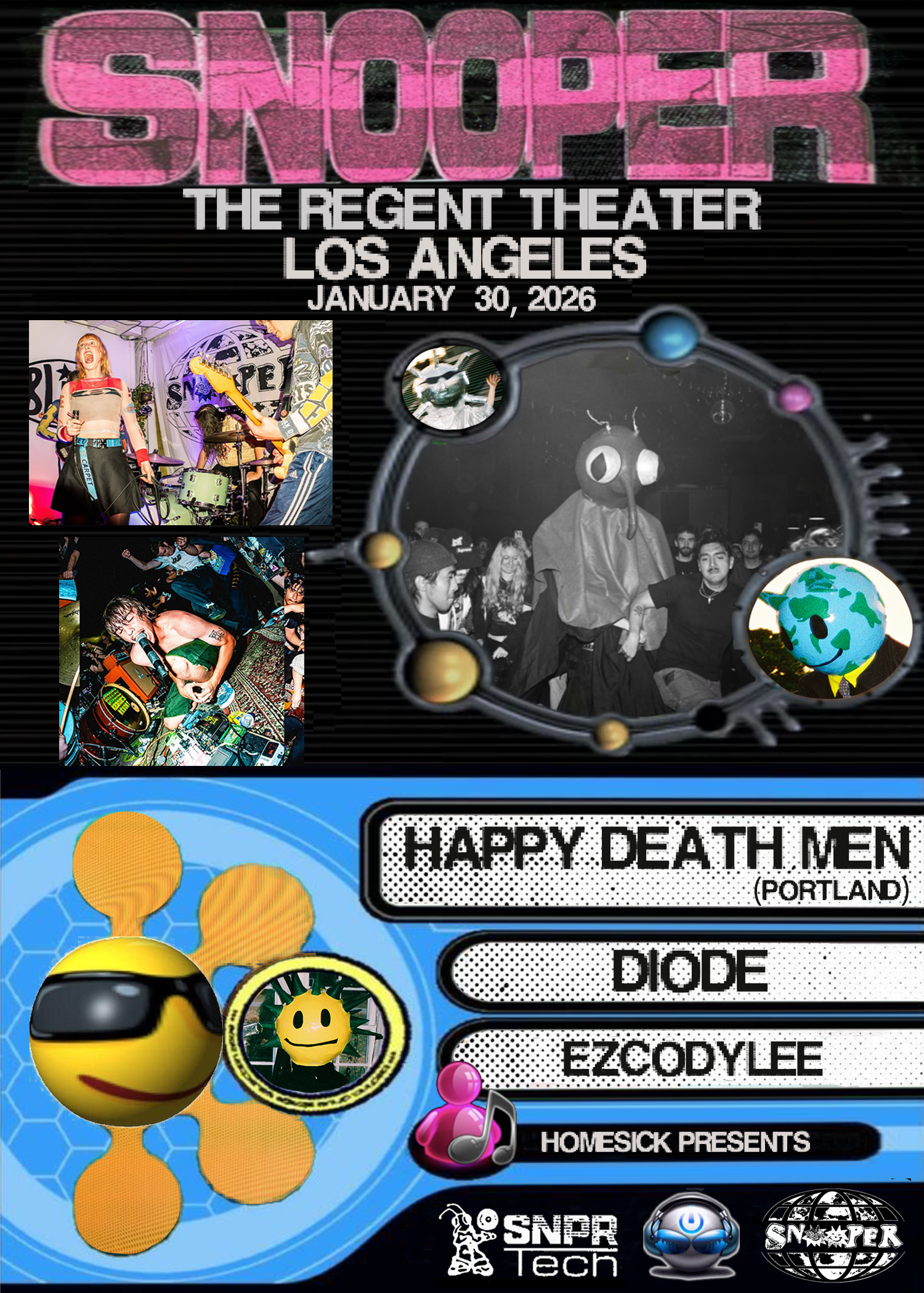 Poster for Snooper event at The Regent Theater in Los Angeles on January 30, 2026, featuring images of live music, DJ performances, and electronic music themes, with cartoon and abstract design elements.