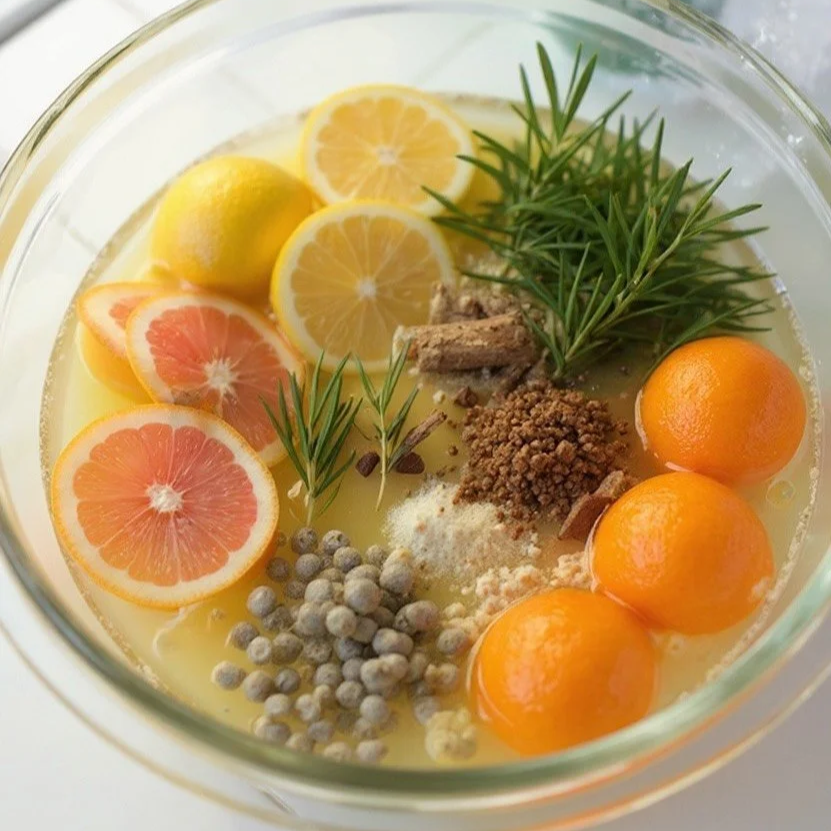 A bowl of ingredients including lemon and grapefruit slices, whole lemons, sprigs of herbs, dried berries, ground spices, and other seasonings in a liquid mixture.