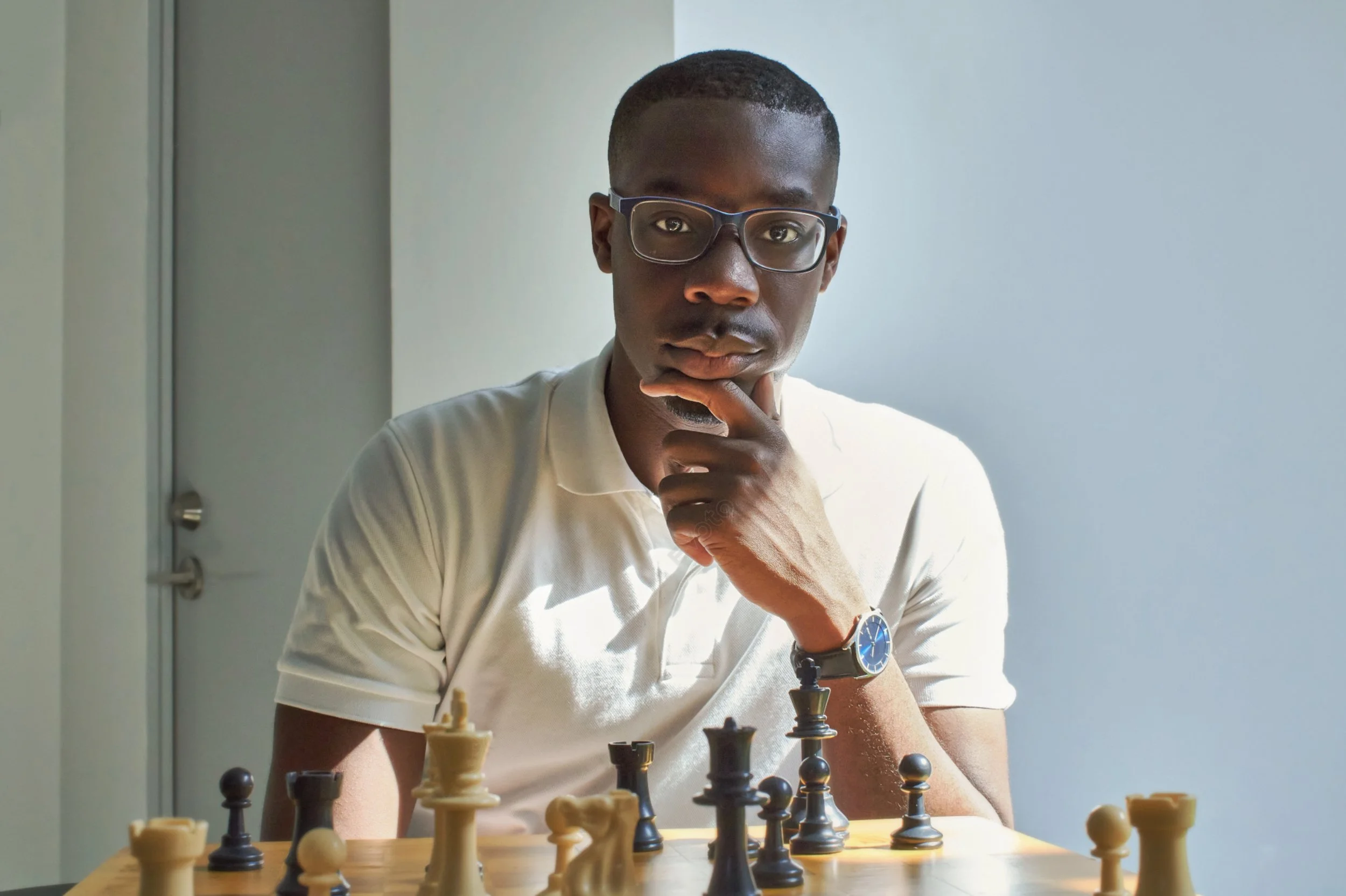 A young man with black hair, wearing glasses, a white shirt, and a watch, sitting at a chessboard, deep in thought.
