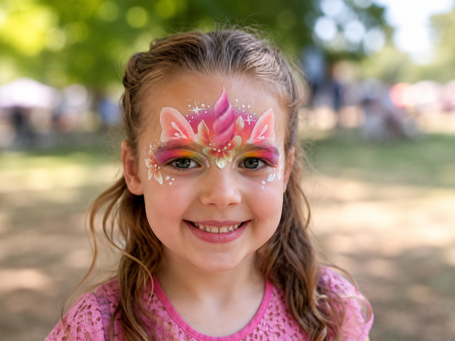 A young girl with face paint of a pink unicorn with white wings and sparkles, wearing a pink lace shirt, smiling outdoors with trees in the background.