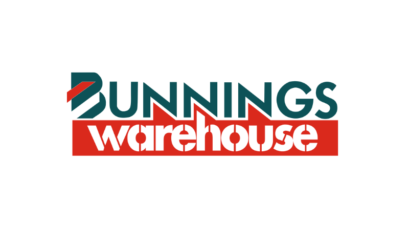 Bunnings Warehouse logo with stylized text and red, teal, and white colors.