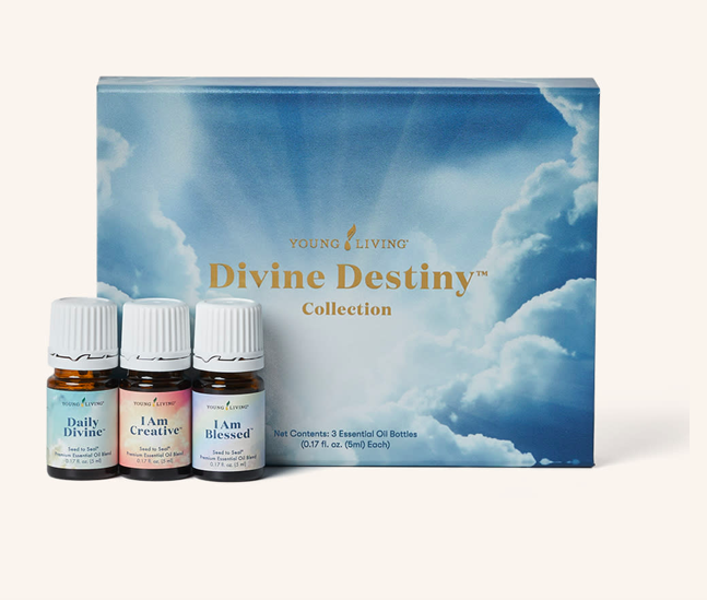 Set of three essential oil bottles labeled Daily Divine, I Am Creative, I Am Blessed in front of a blue sky and cloud box labeled Young Living Divine Destiny Collection.