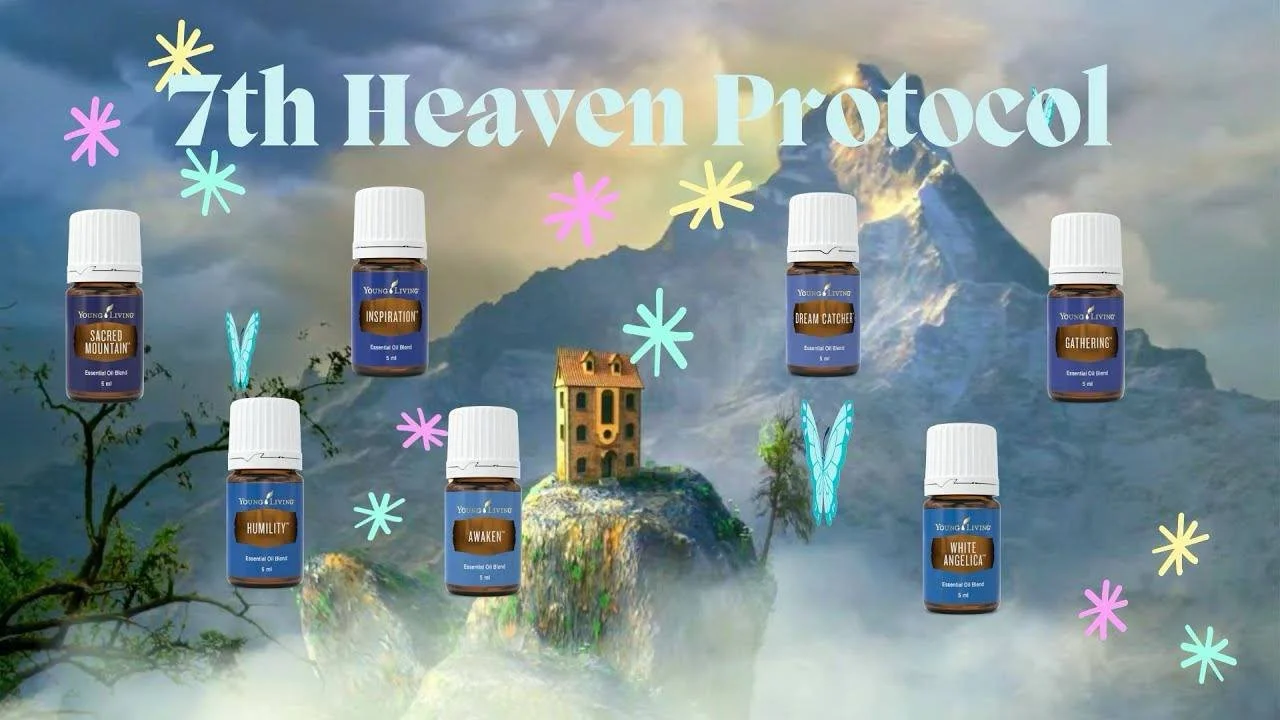 Image of seven essential oil bottles on a mountain landscape background with clouds, a small house, and butterflies, titled '7th Heaven Protocol'.