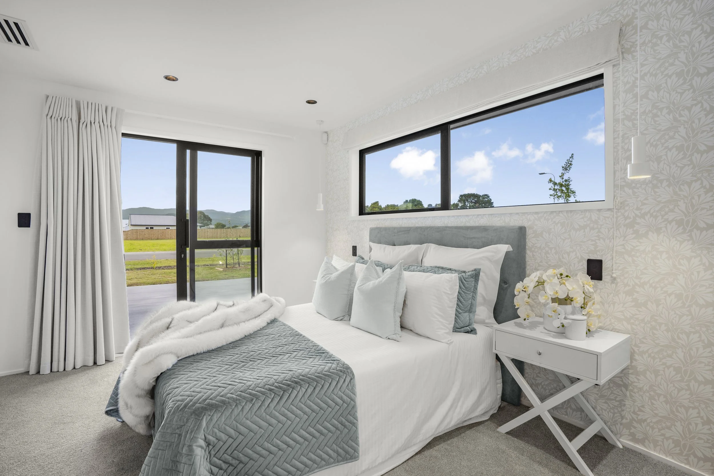 Designer wallpaper, staged bedroom, interior designer