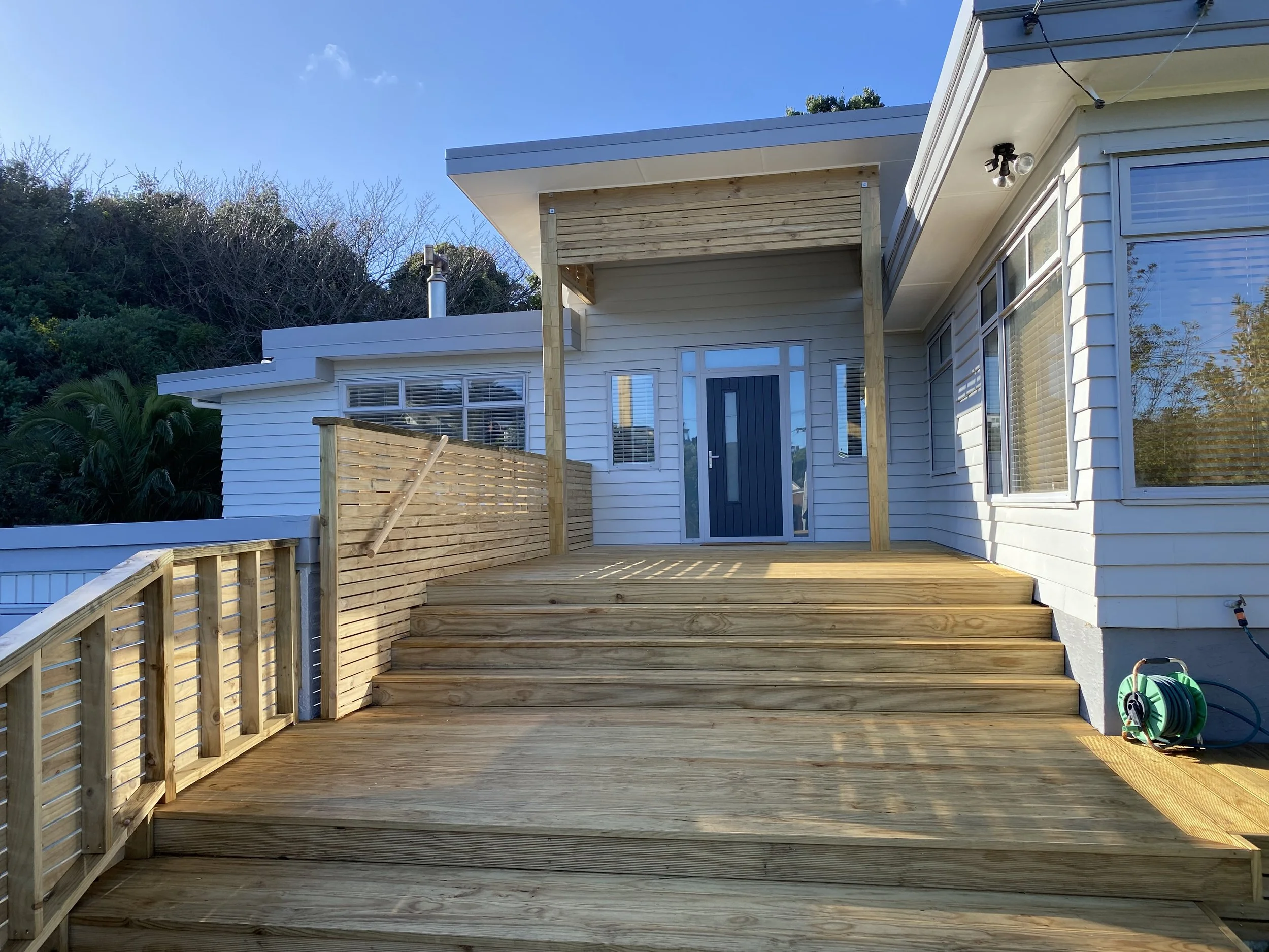 Deck entrance, timebr deck with timber fence and handrail