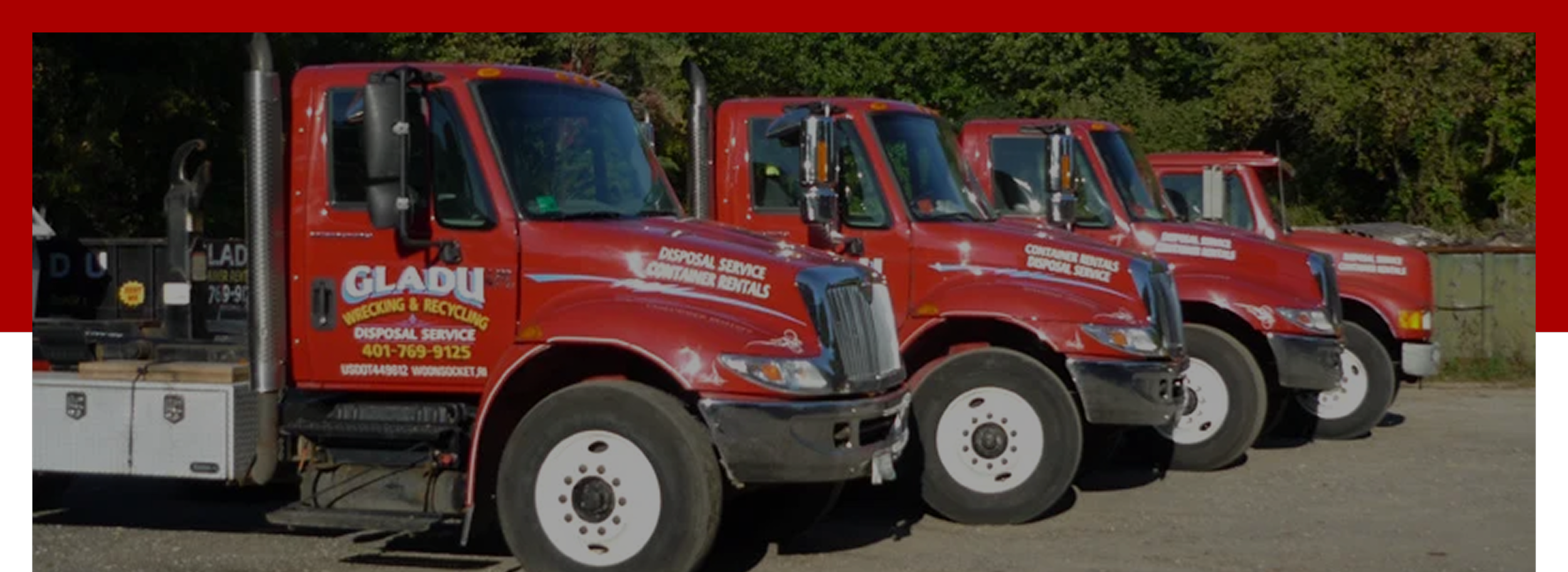 Three red disposal service trucks parked outdoors, each with company branding for Glad Disposal Service, including contact information and services like dumpster rentals and recycling.