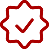 Red badge with a check mark in the center.