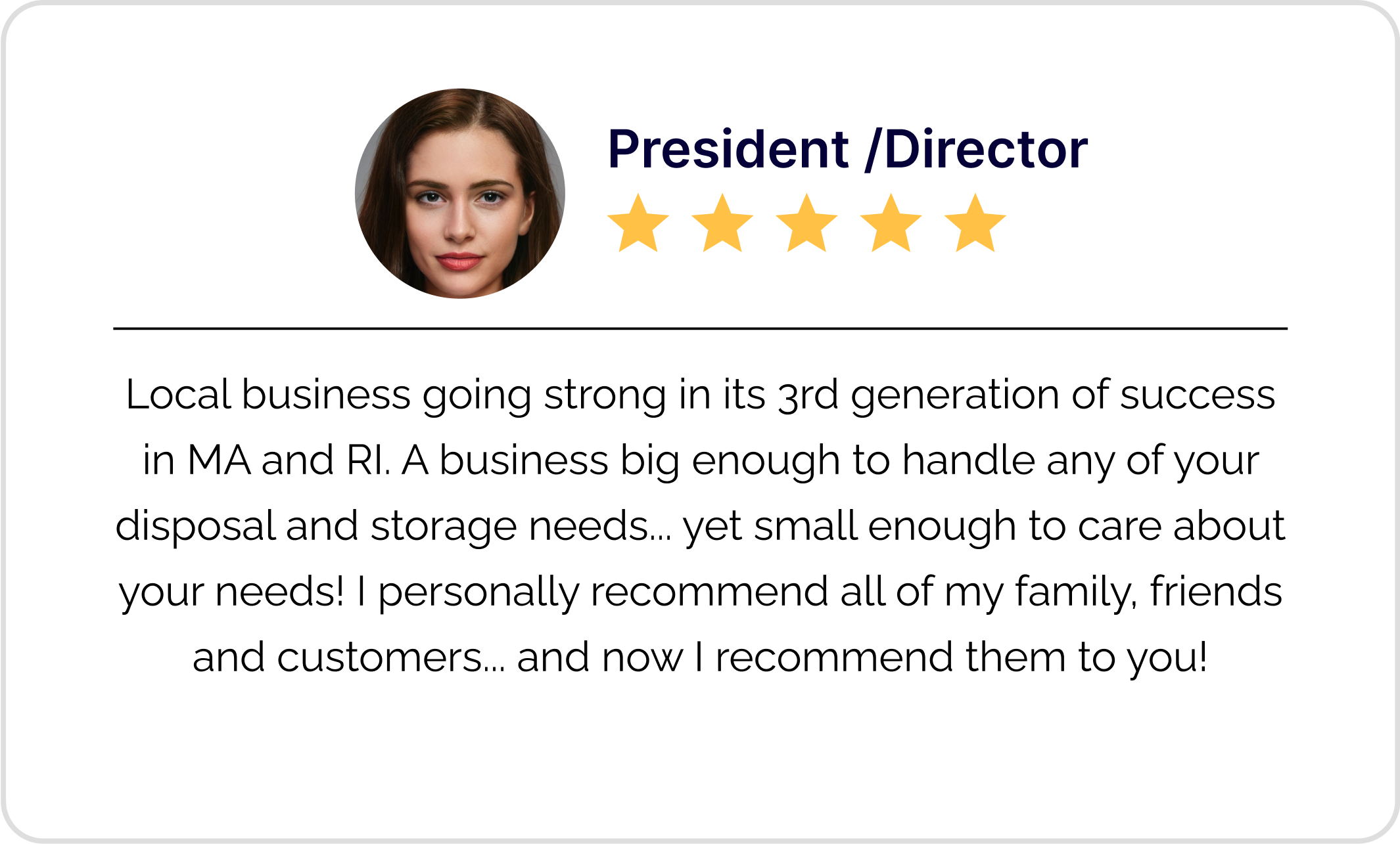 Profile photo of a woman with brown hair, five gold stars, and a testimonial for a local business leader.