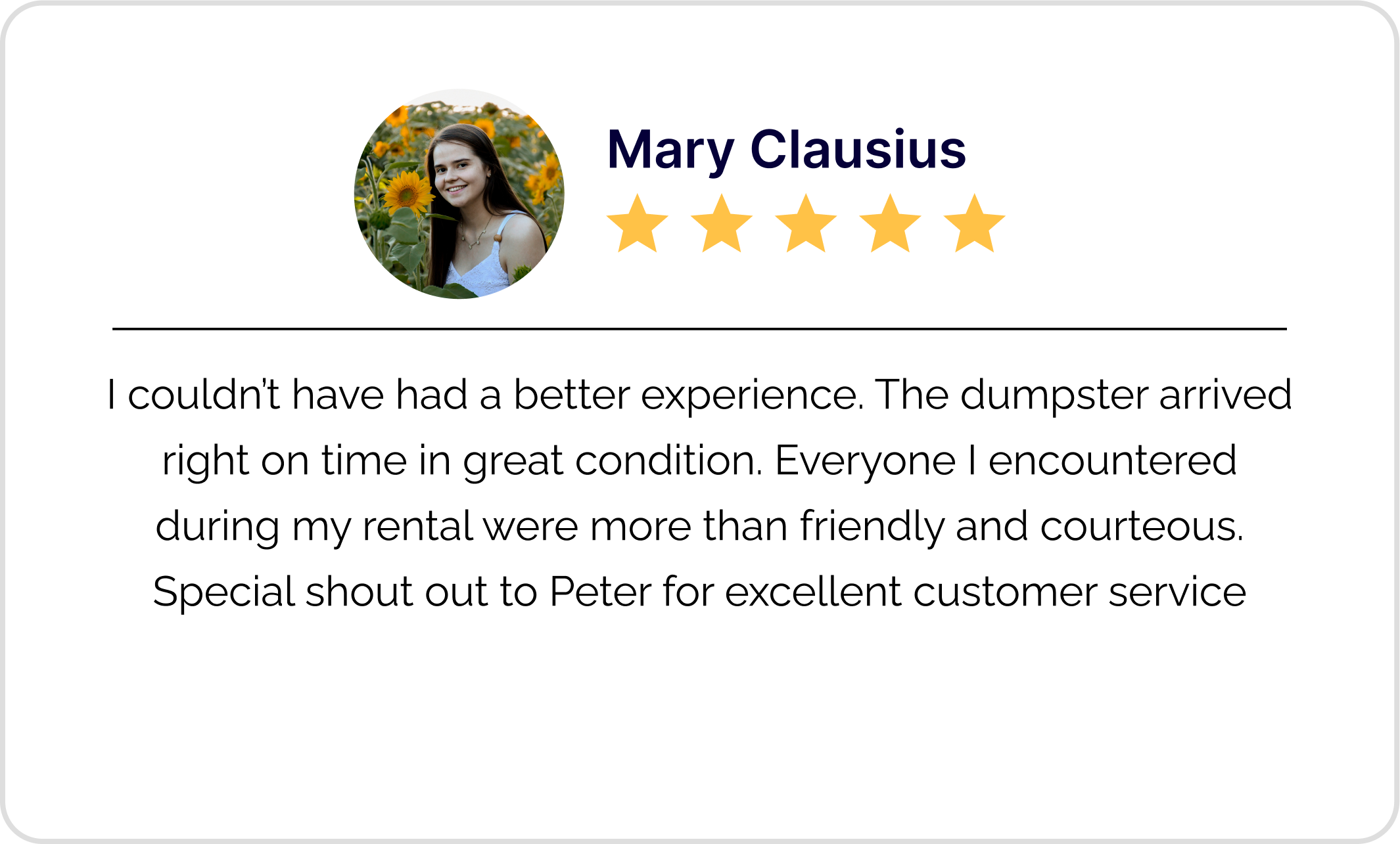 Customer review card with a profile picture of a woman smiling in a sunflower field, name 'Mary Clausius', five-star rating, and a positive testimonial about her experience.