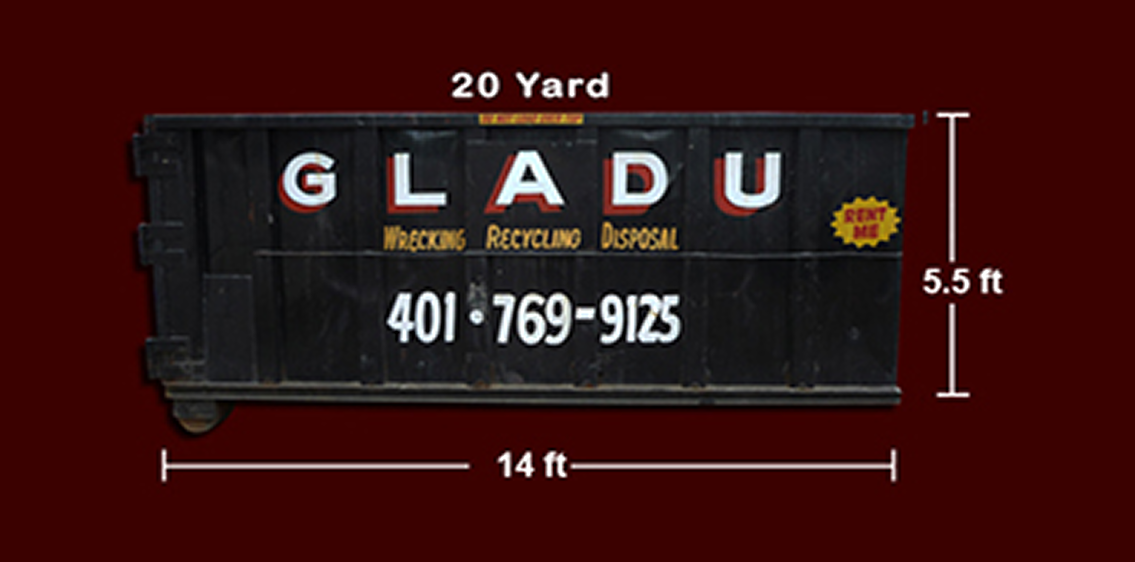 A black dumpster with the words "GLADU" and contact info, dimensions, and services written on it, set against a red background.