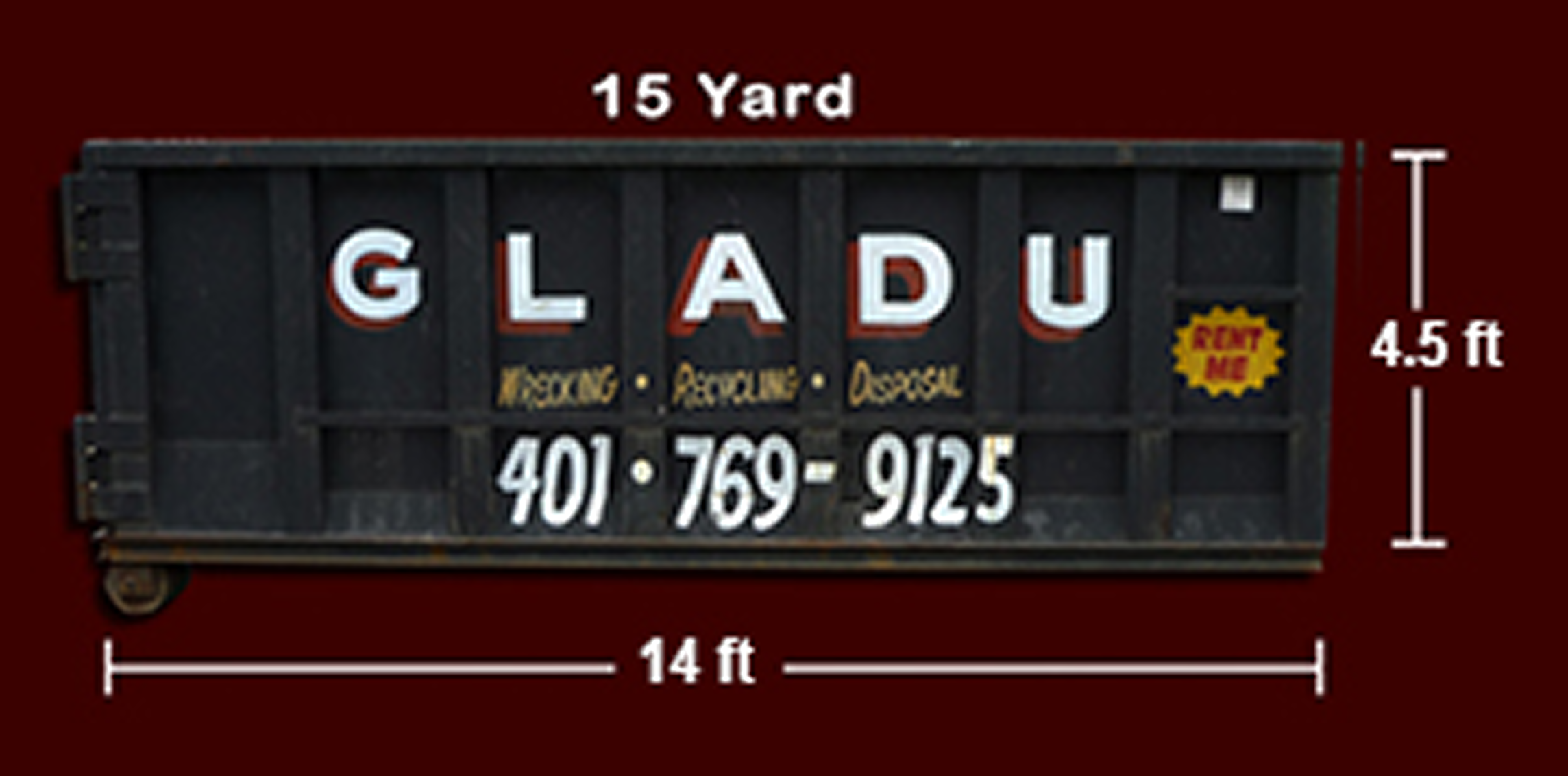 A black rolling cart with a board on it displaying a sign that says 'GLADU' in large white letters with red shadows. The sign also shows dimensions, with 14 feet in length and 4.5 feet in height. The background is dark red.