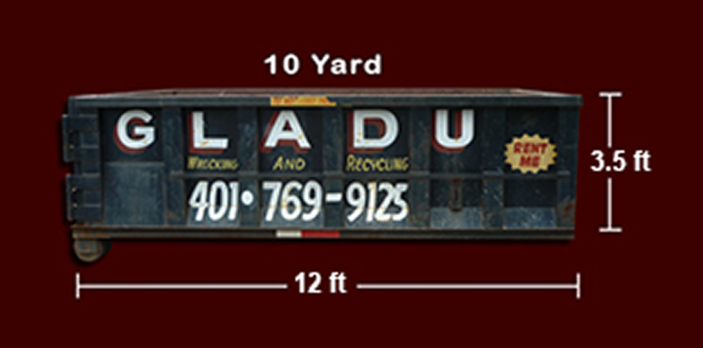 Vintage moving or storage container with dimensions 12 feet long, 3.5 feet high, and 10 yards wide, displaying the text 'GLADU' and contact information, placed against a red background.