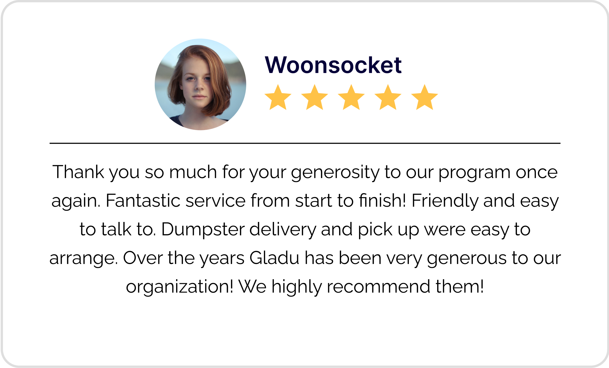 A customer review card featuring a woman with shoulder-length red hair, five gold stars, and text expressing gratitude for the service.