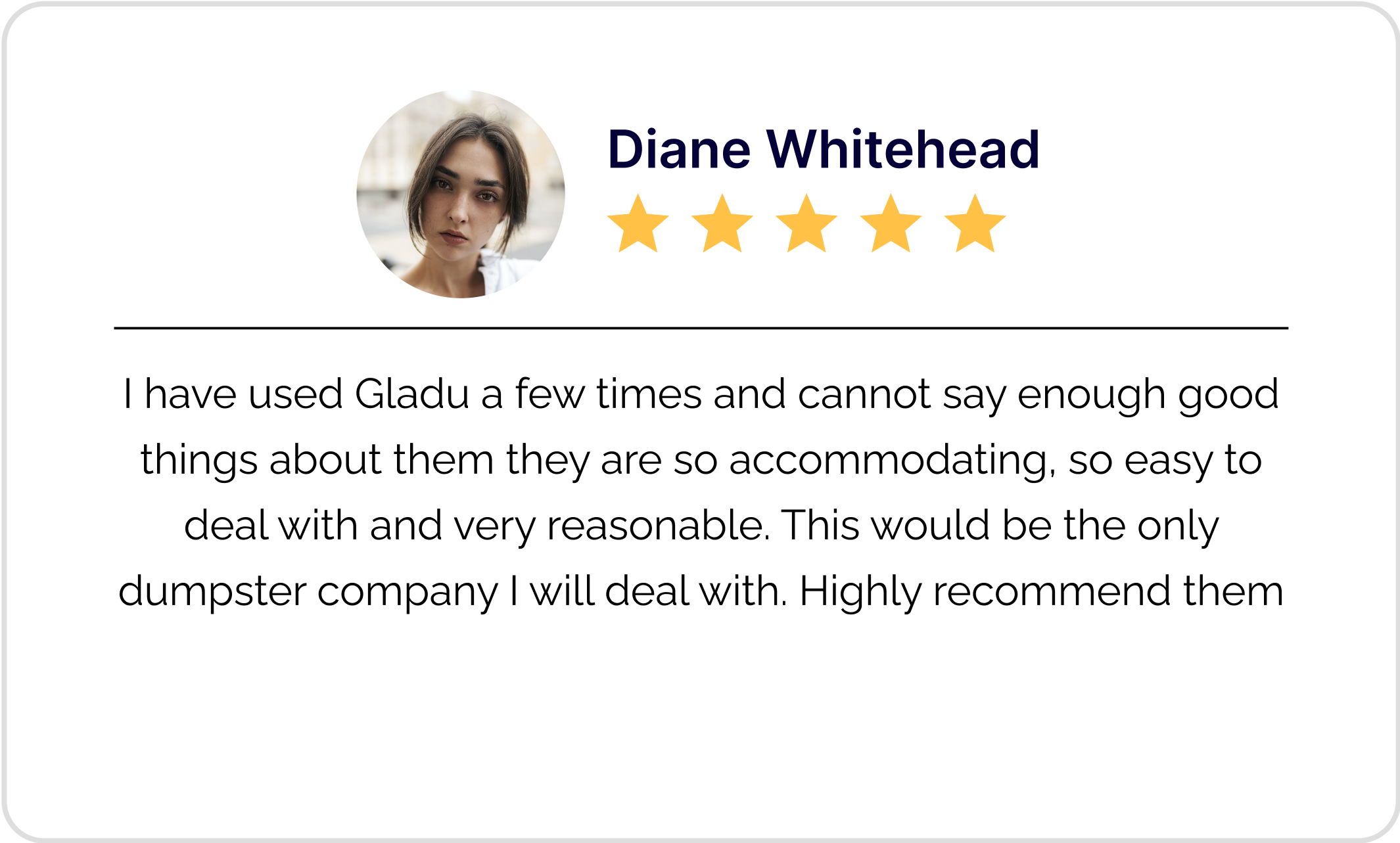Customer review card featuring a profile photo of a woman, name Diane Whitehead, five-star rating, and a positive testimonial about using Gladu.