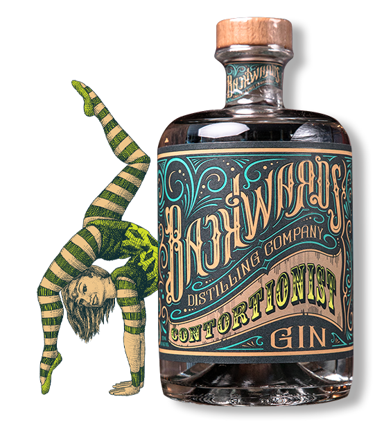 A large bottle of Blackwater Distilling Company's Contortionist Gin with a colorful, decorative label, placed next to an illustrated woman in a striped outfit performing a handstand.
