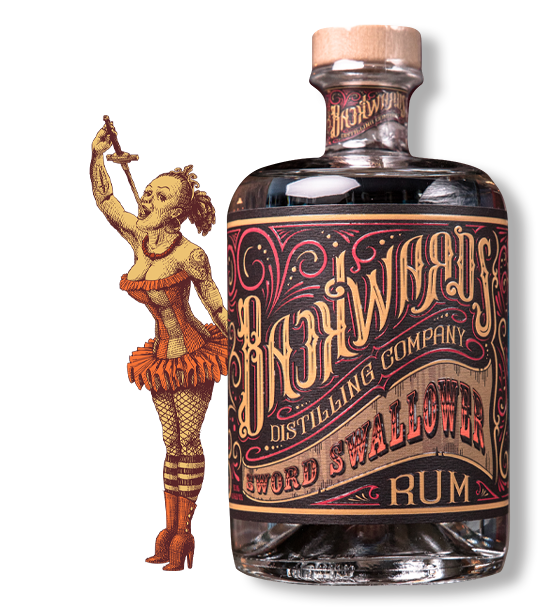 A bottle of Jaw Wren Distilling Company Sword Swallowing Rum, with a vintage-style label design. Next to it, an illustration of a woman in a tutu holding a sword.