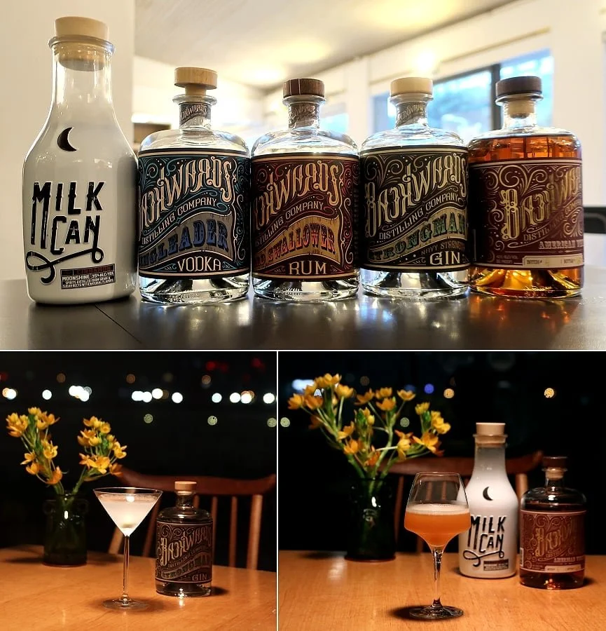 Collection of liquor bottles including vodka, rum, gin, and whiskey, on a table with a vase of yellow flowers in a cozy, well-lit room. Two additional images show the bottles with cocktails, one in a martini glass and the other in a coupe glass, with the flowers and bottles visible in the background.