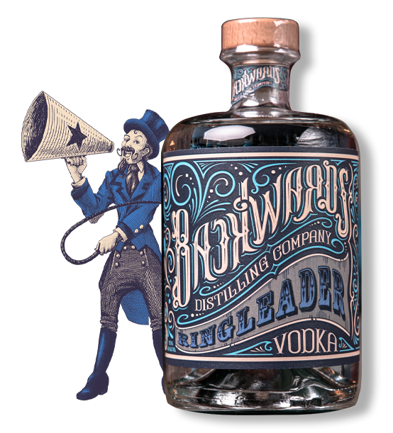 A bottle of KettleOne ringing leader vodka in front of a cartoon pirate holding a megaphone.