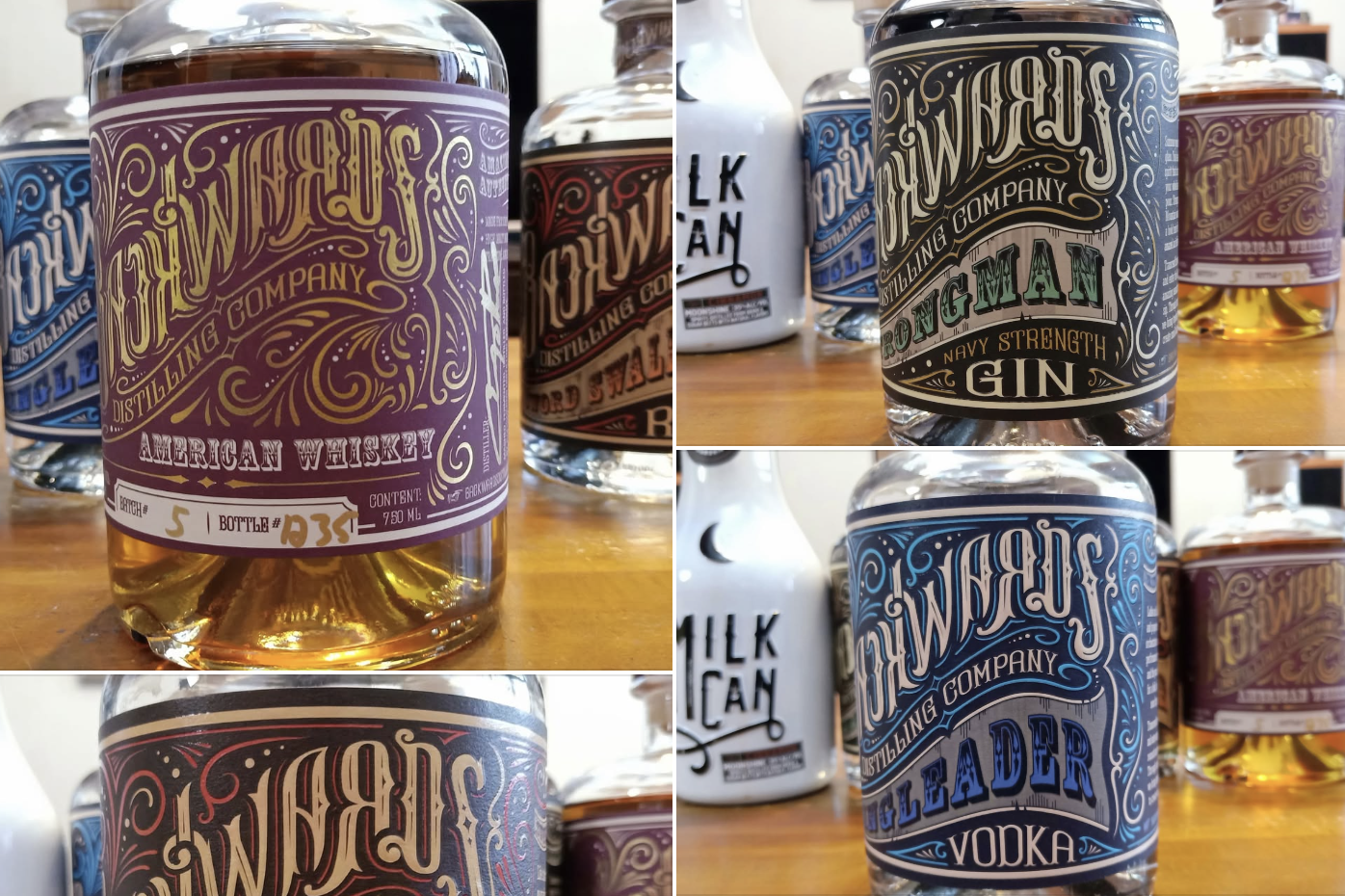 Assorted whiskey and alcohol bottles with decorative labels, including American whiskey, gin, vodka, and longman products, on a wooden surface.