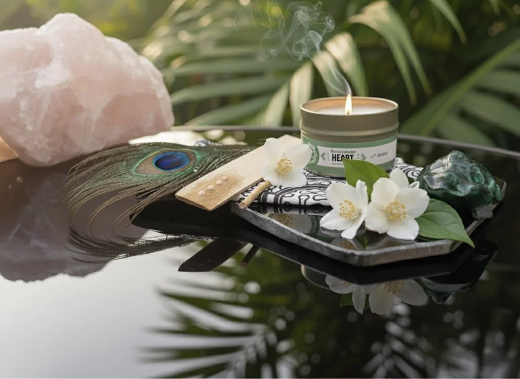 A candle with smoke rising, a bird feather, a pink salt rock, white flowers, and a green polished stone on a black tray, with a mirror reflecting the items and green leafy plants in the background.