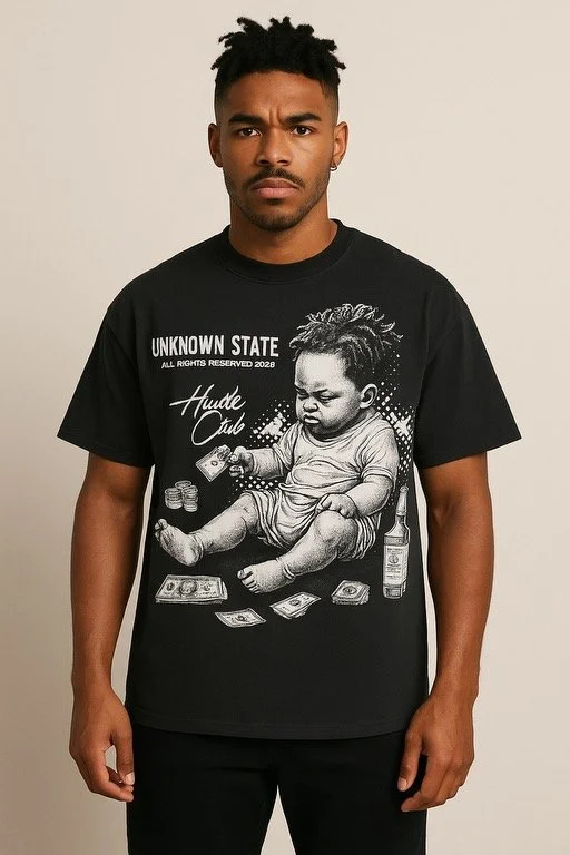 Young man wearing a black T-shirt with a graphic of a baby sitting on money and a bottle, with text 'UNKNOWN STATE' and 'Hustle Catch'.