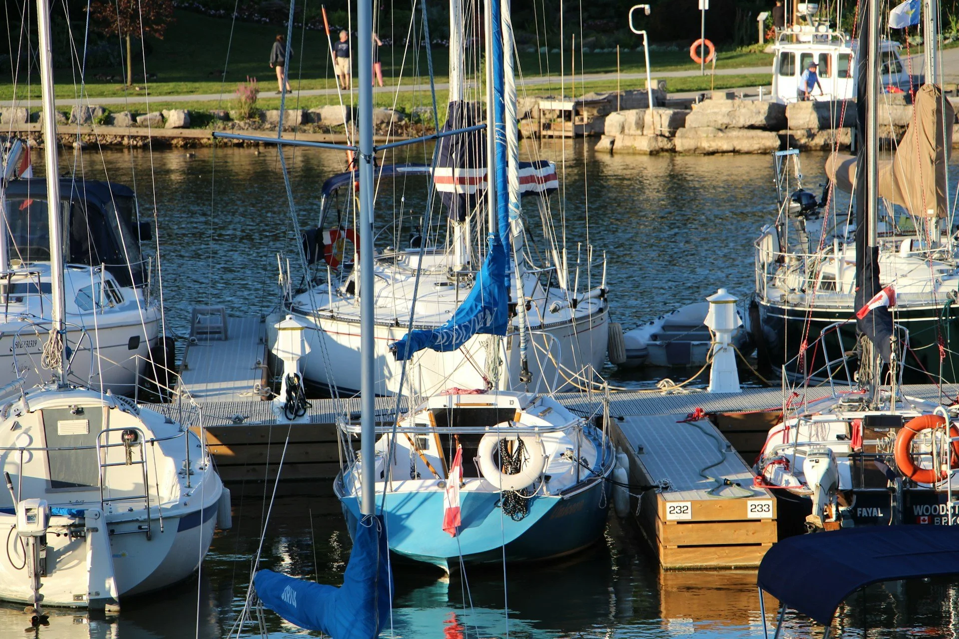 Several sailboats docked at a marina with a walkway and people in the background.