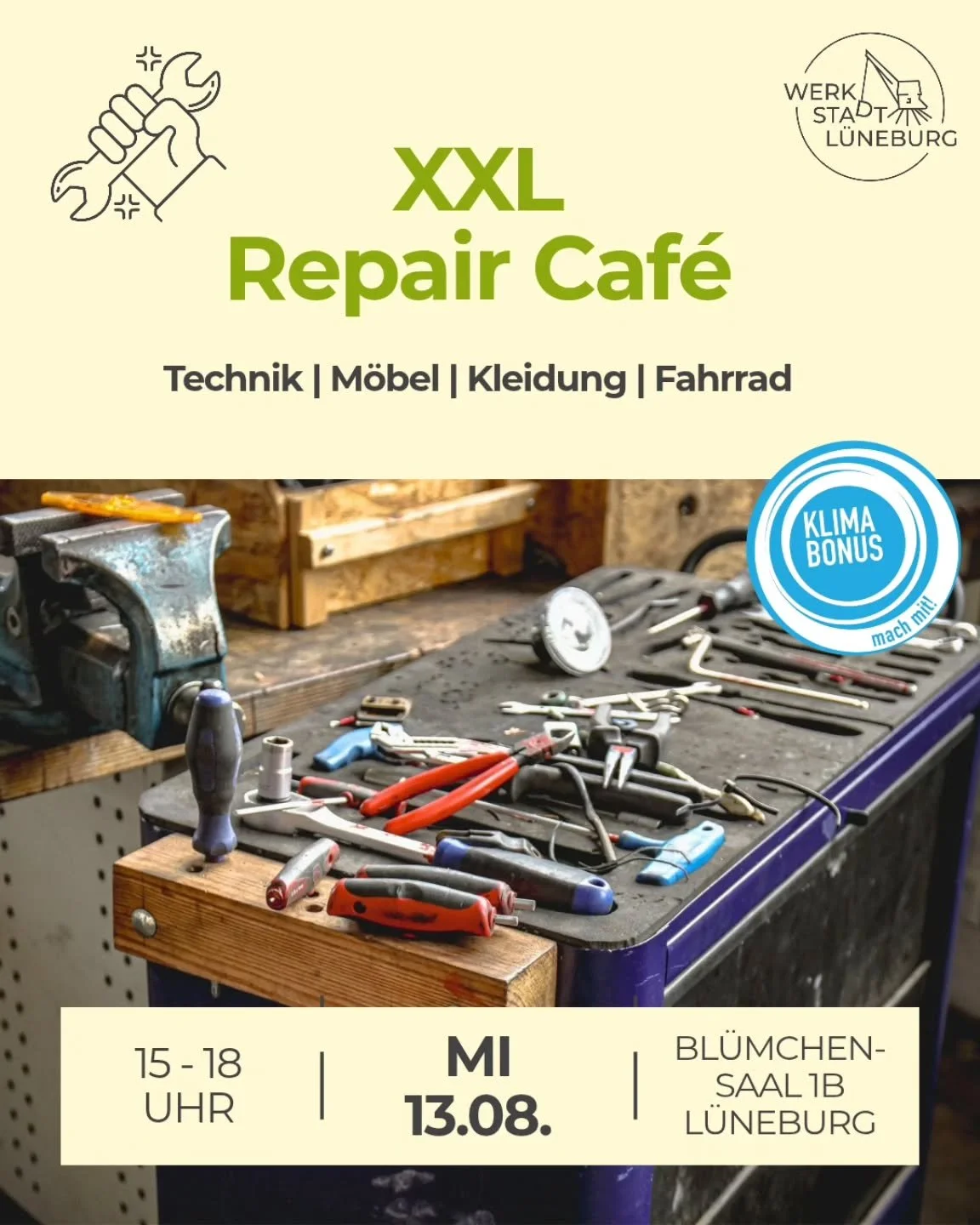 Am 13. August (15-18 Uhr) findet wieder unser XXL Repair Caf&eacute; mit Fahrradsprechstunde statt! Bring deine kaputten Dinge oder dein Fahrrad mit &ndash; wir reparieren gemeinsam 🔧🚲

Bei uns gibt's Werkzeug, Know-how und nat&uuml;rlich nette Leu
