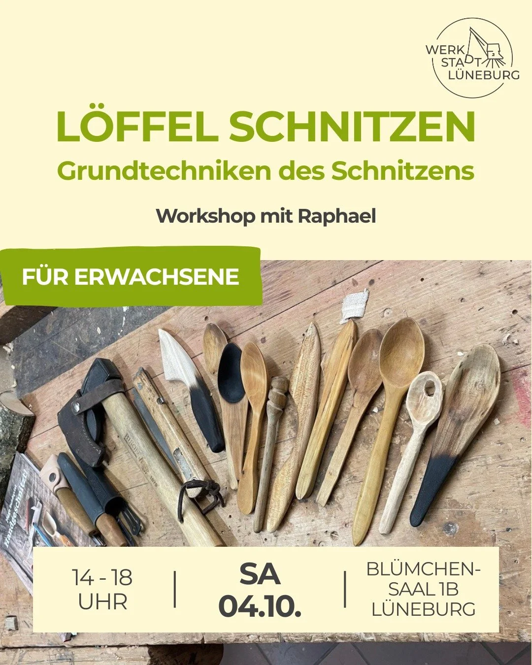 Schon mal selbst einen L&ouml;ffel geschnitzt?

Am Samstag, 04. Oktober, 14 &ndash; 18 Uhr lernst du, wie aus einem Rohling aus frischem Holz dein eigenes Unikat entsteht. 

Unter fachkundiger Anleitung von Raphael lernst du die Grundtechniken des Sc