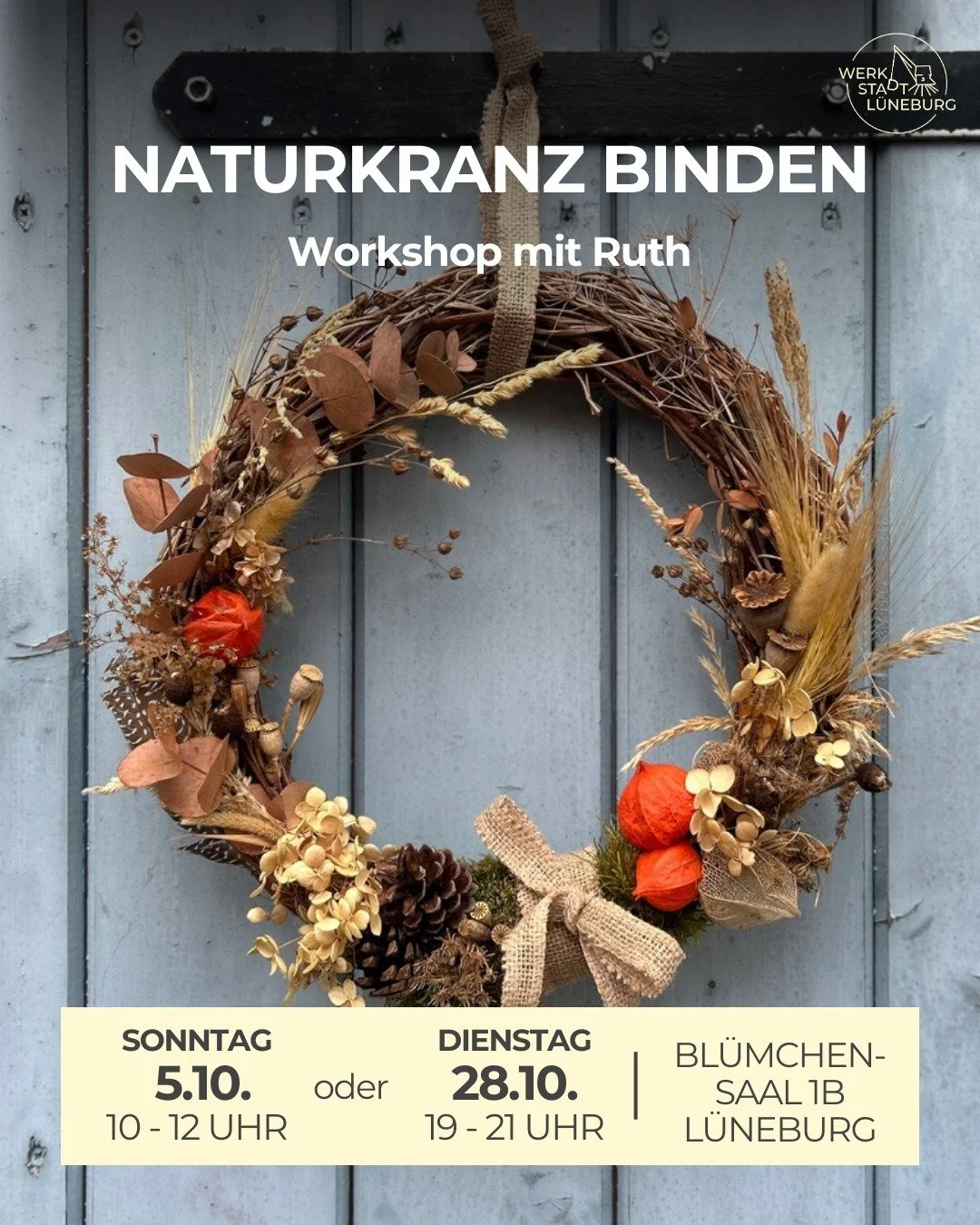 Unsere Kursleitung Ruth H&ouml;fner aka @ruth.regenbogen zeigt dir, wie du aus heimischen Zweigen wie Wildem Wein oder Birkenreisig einen runden Basiskranz bindest und diese mit verschiedensten herbstlichen Naturmaterialien individuell gestalten kann