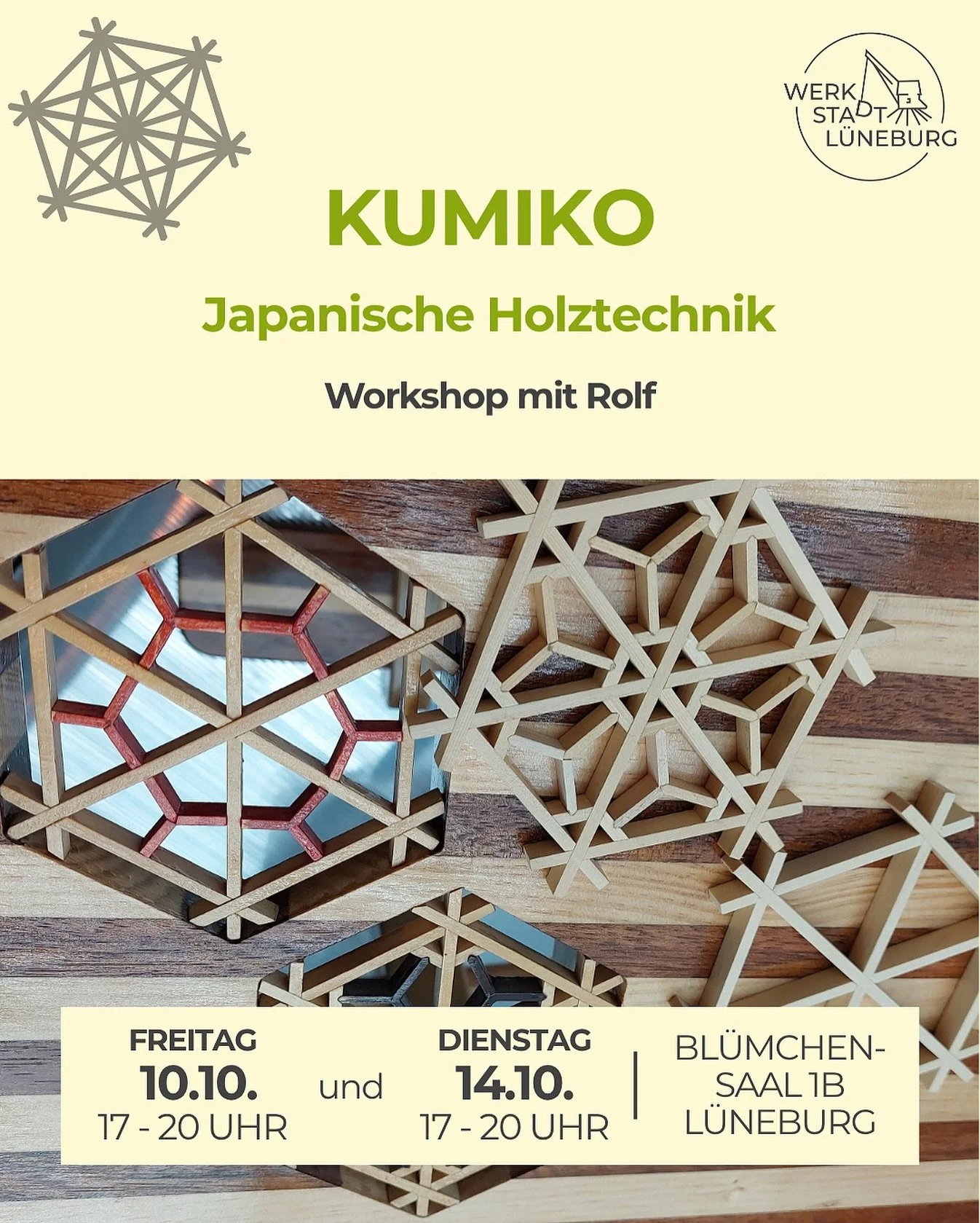 Schon mal von Kumiko geh&ouml;rt?
Das ist eine jahrhundertealte japanische Holzkunst, bei der filigrane Muster ganz ohne Leim und N&auml;gel entstehen.

Unser Workshop ist auf zwei Abende verteilt: am Freitag, 10.10., und am Dienstag, 14.10., jeweils