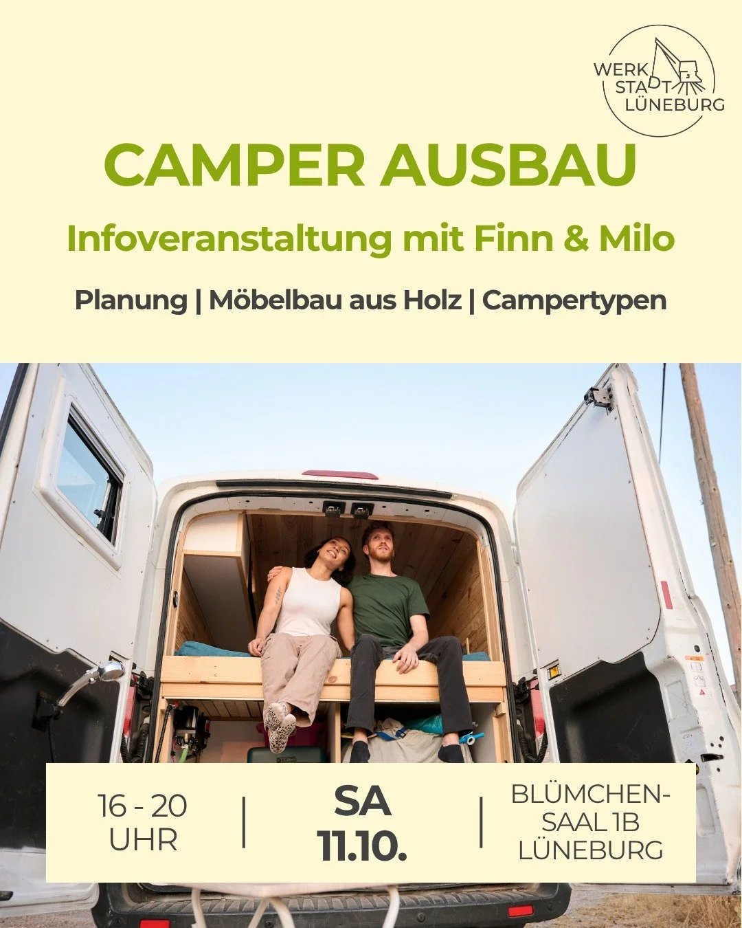 Du hast einen Bus oder Kastenwagen und m&ouml;chtest n&auml;chstes Jahr damit verreisen? Oder du tr&auml;umst einfach vom Vanlife, hast aber (noch) kein eigenes Fahrzeug? 

Dann komm zu unserem kostenlosen Infoabend am 11. Oktober (16 - 20 Uhr) in de