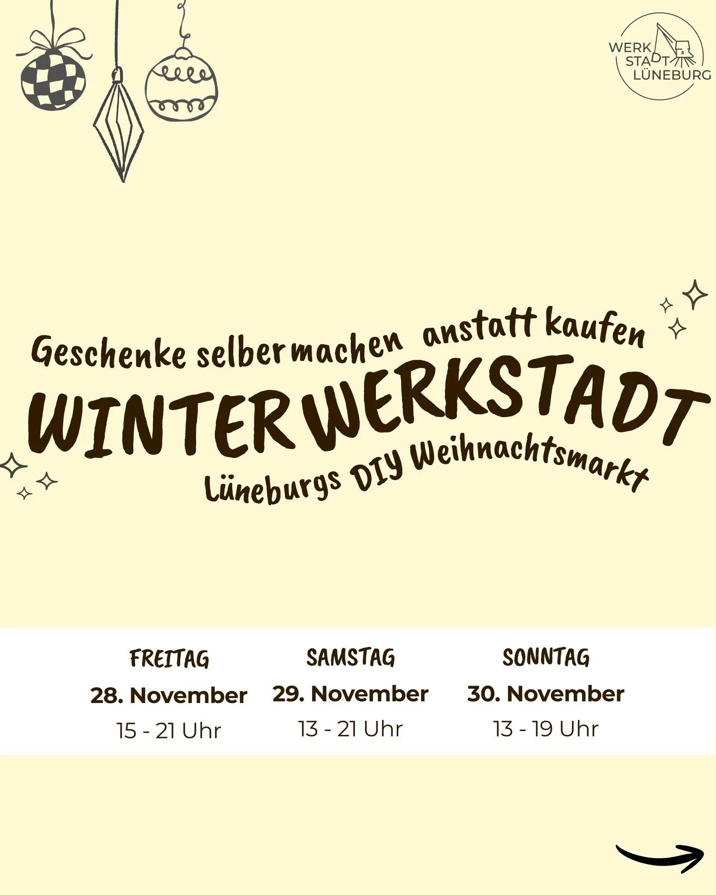 Wir laden dich ganz herzlich dieses Wochenende zu unserem DIY-Weihnachtsmarkt in der WerkStadt L&uuml;neburg ein!

Bei uns kannst du Geschenke herstellen, die es nirgends zu kaufen gibt und 100% von Herzen kommen!

Auf unserem DIY Weihnachtsmarkt kan